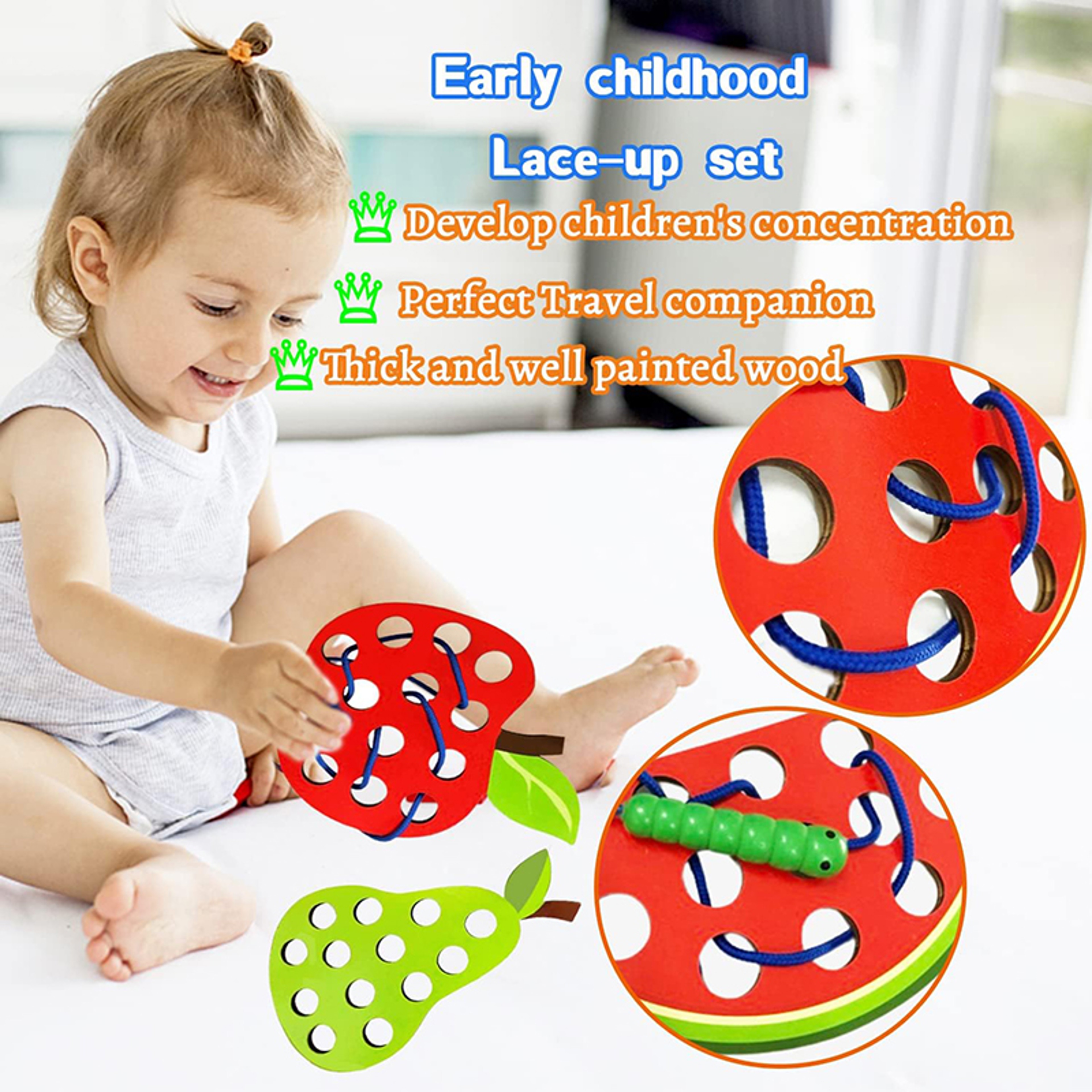 Wooden Lacing Toy For Toddlers  Educational Fruit Threading Puzzle Set Fine Motor Skill Development 3