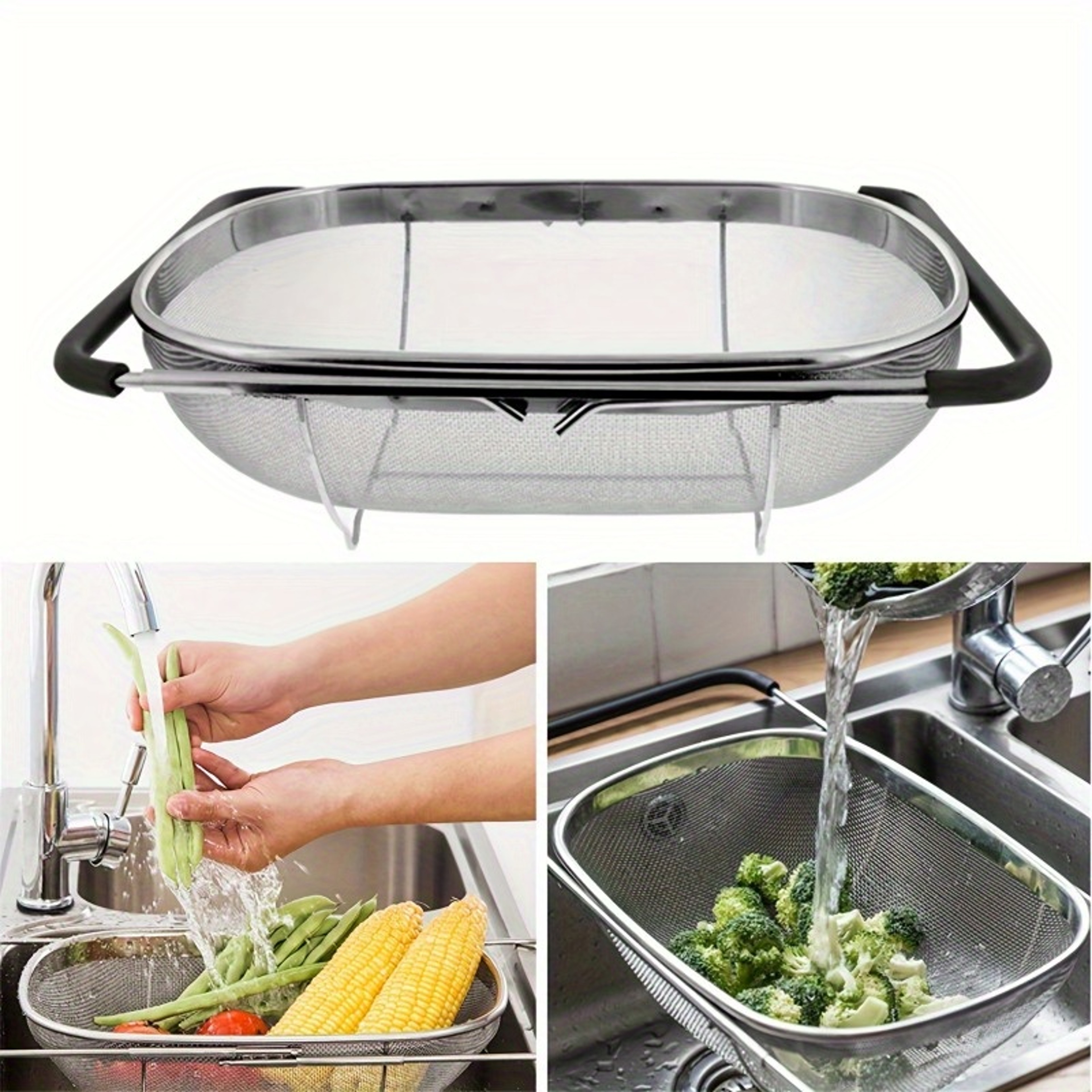 Stainless Steel Over Sink Colander With Telescopic Handle  Metal Mesh Strainer Basket For Fruits  V 0