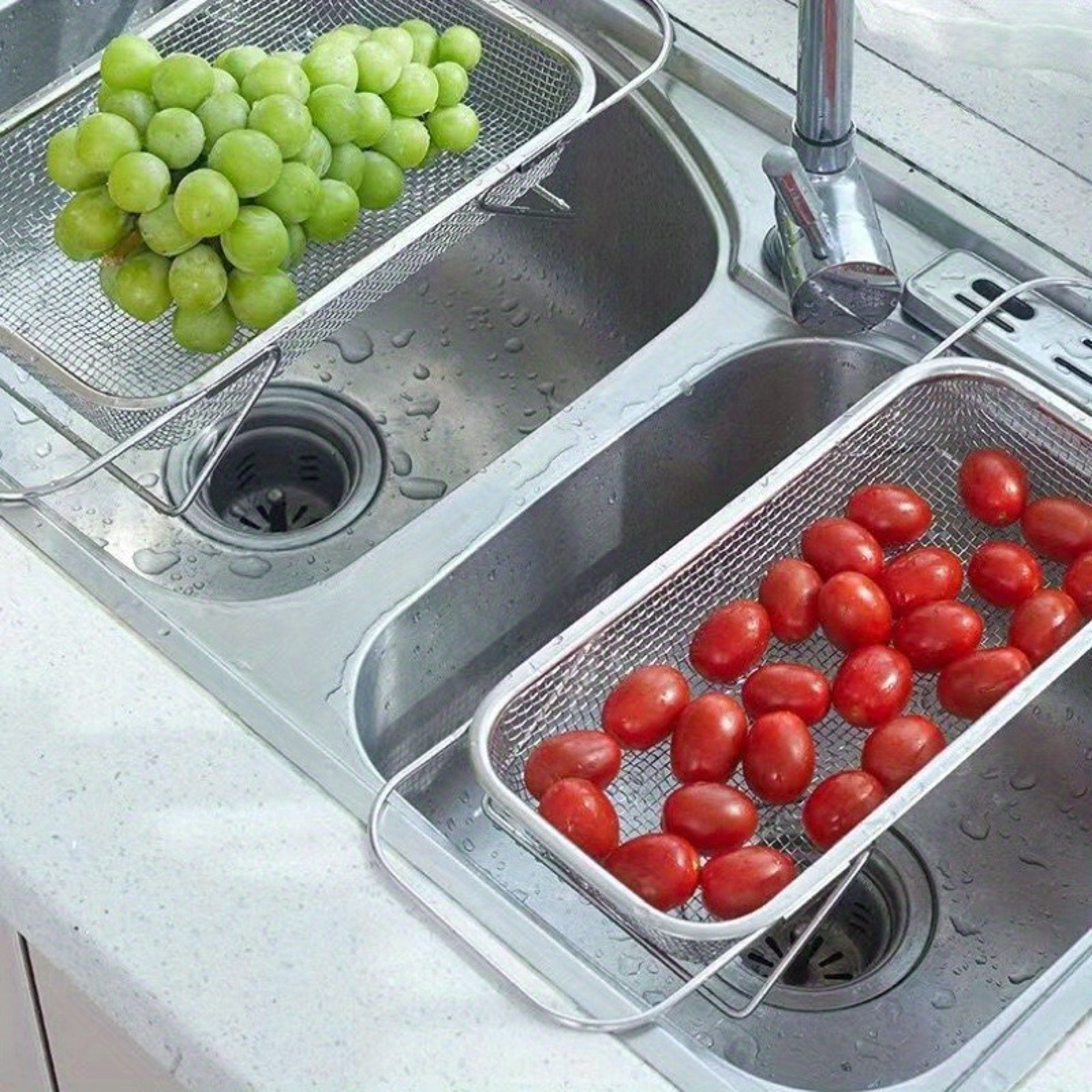 Stainless Steel Over Sink Colander With Telescopic Handle  Metal Mesh Strainer Basket For Fruits  V 3