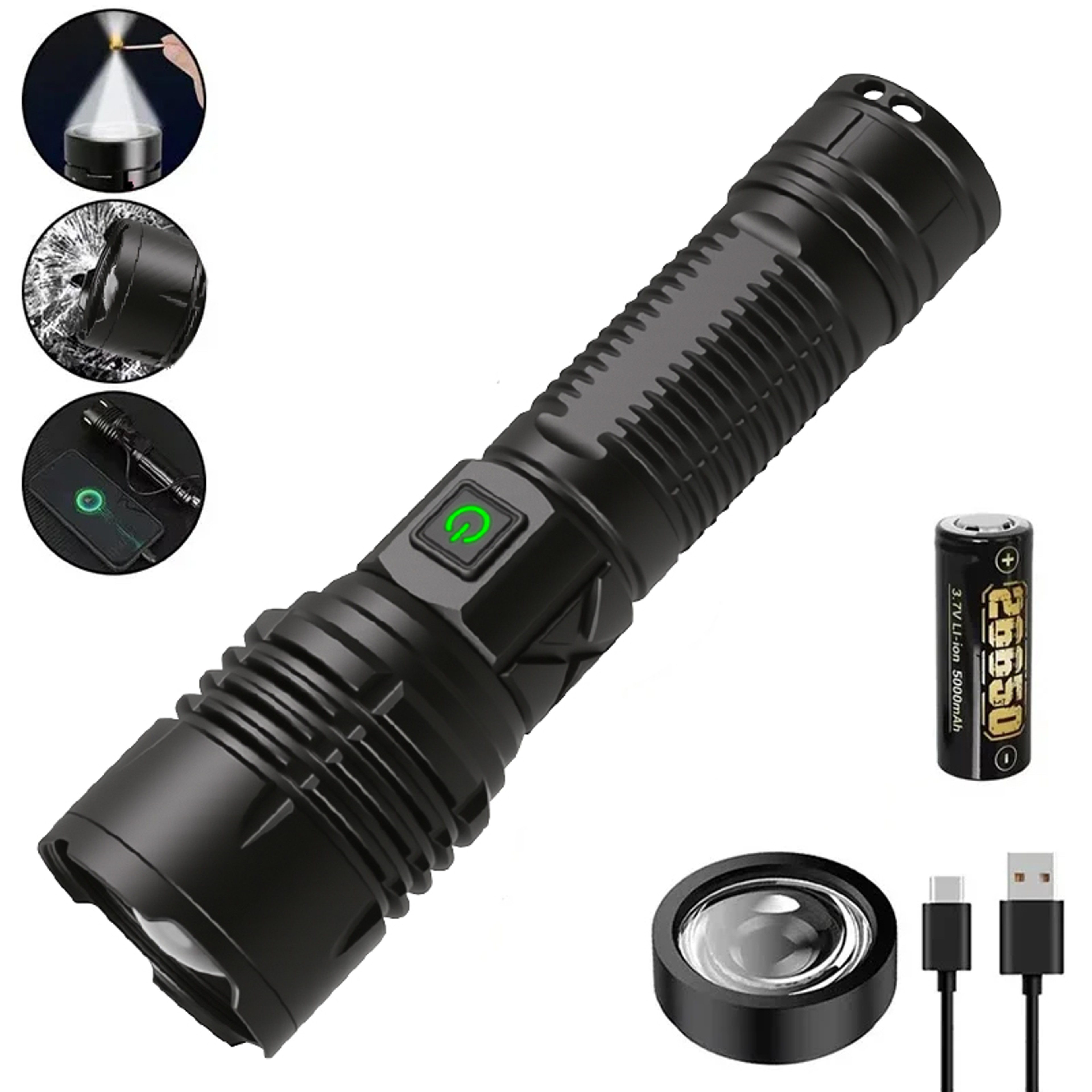 High Power LED Flashlight Rechargeable Type C Zoom Torch Window Breaker For Outdoor Camping  Hiking 11