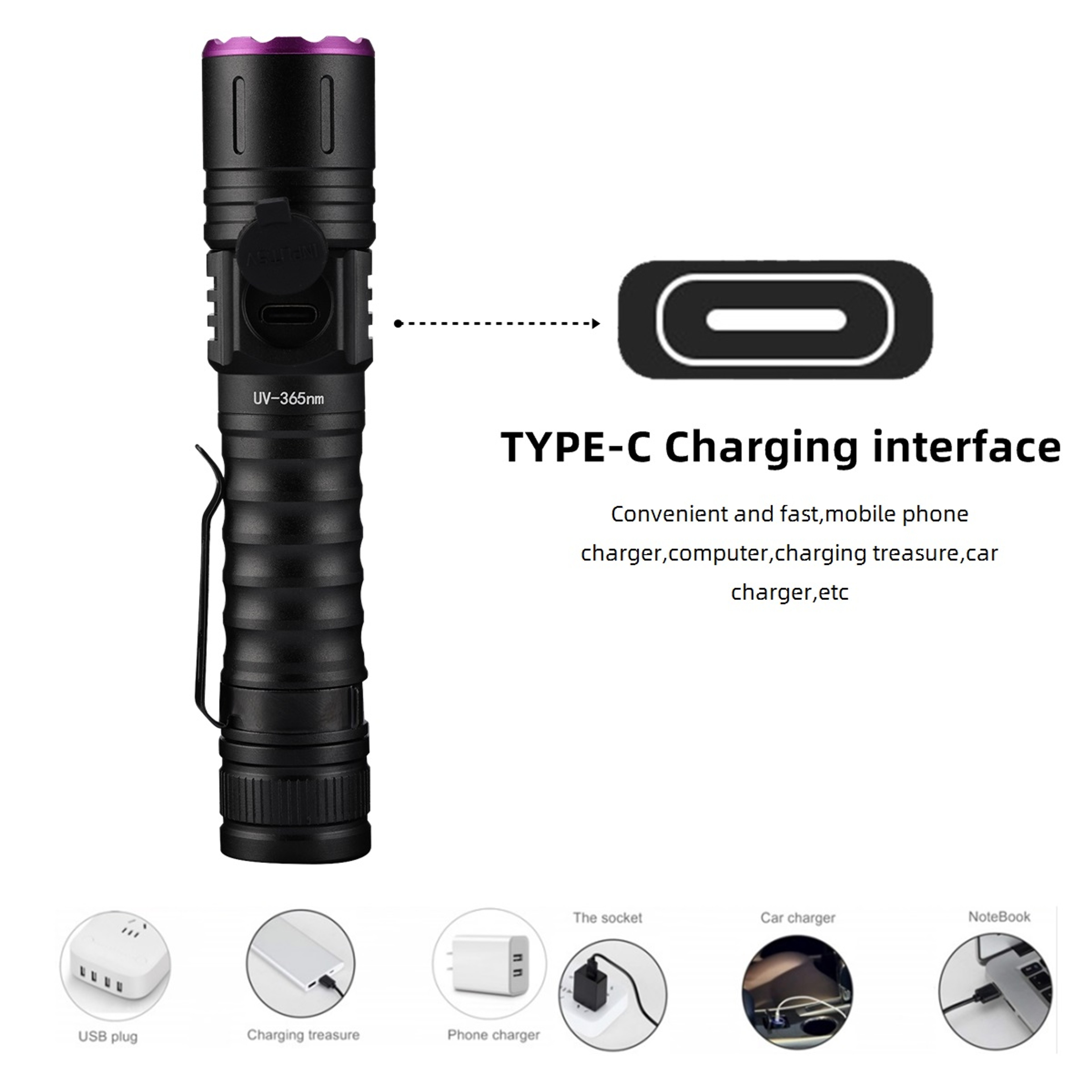 Zoom UV LED Flashlight Type C Rechargeable Invisible Ink Marker for Pet Urine, Tinea, Money, and Scorpions – view 5
