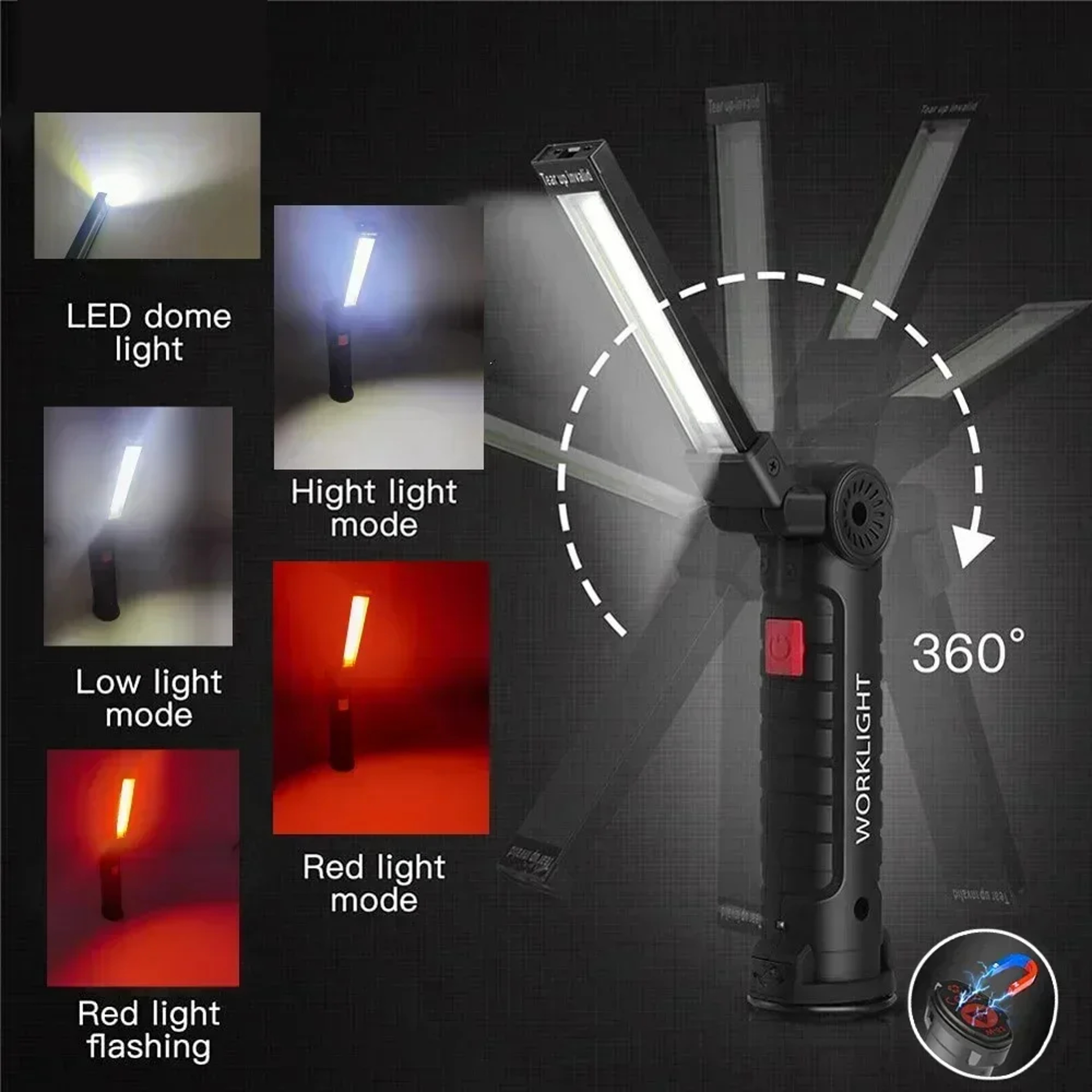 Rotatable Work Light With USB Rechargeable Battery  Magnetic Hook Ideal For Auto Repairs Inspection