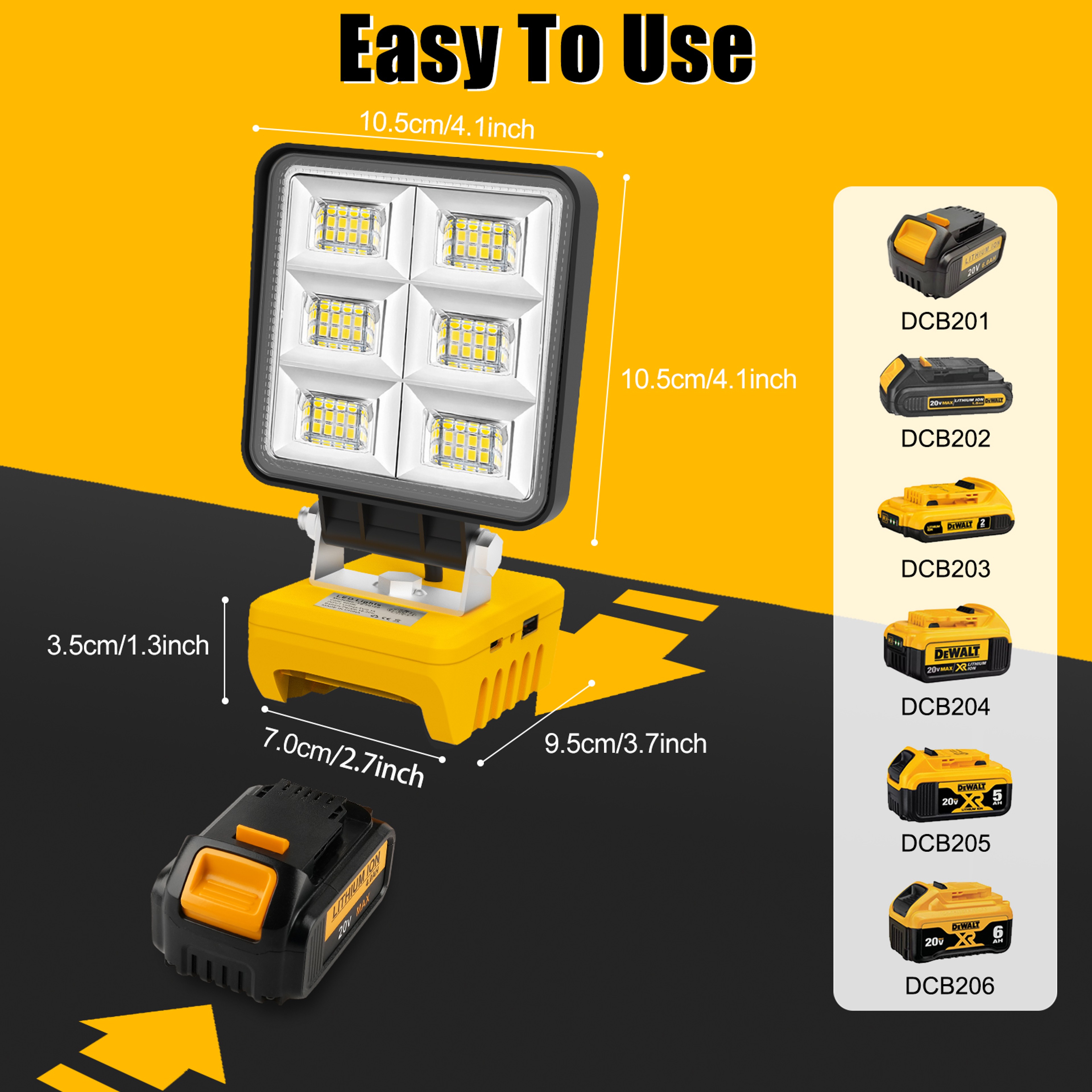 Portable LED Work Light  Cordless Rechargeable Flood Light for DeWalt, Adjustable Base, No Battery – view 2