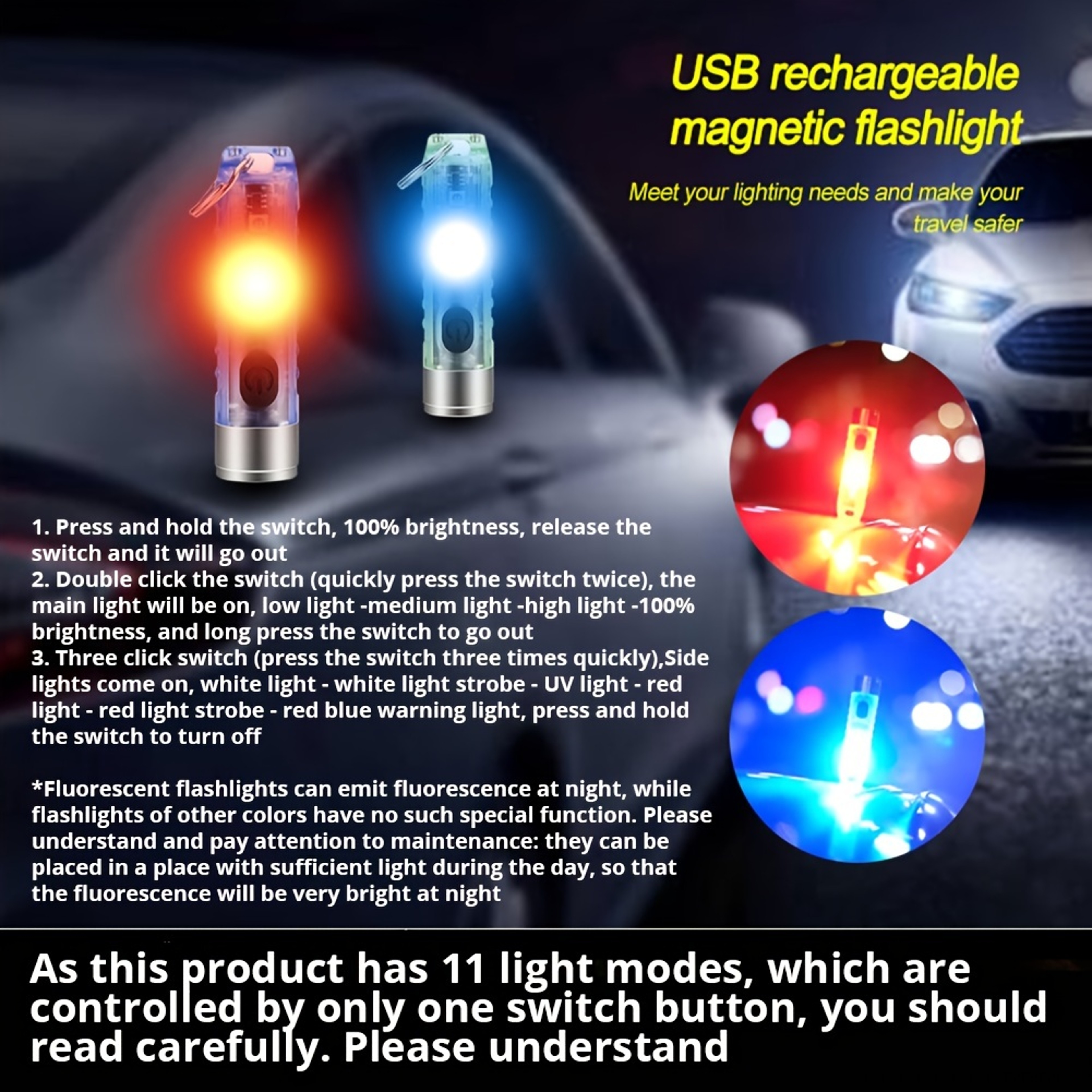 Mini Keychain LED Flashlight USB Rechargeable, Waterproof, Red & Blue Warning Lights, Perfect for Camping & Fishing – view 2