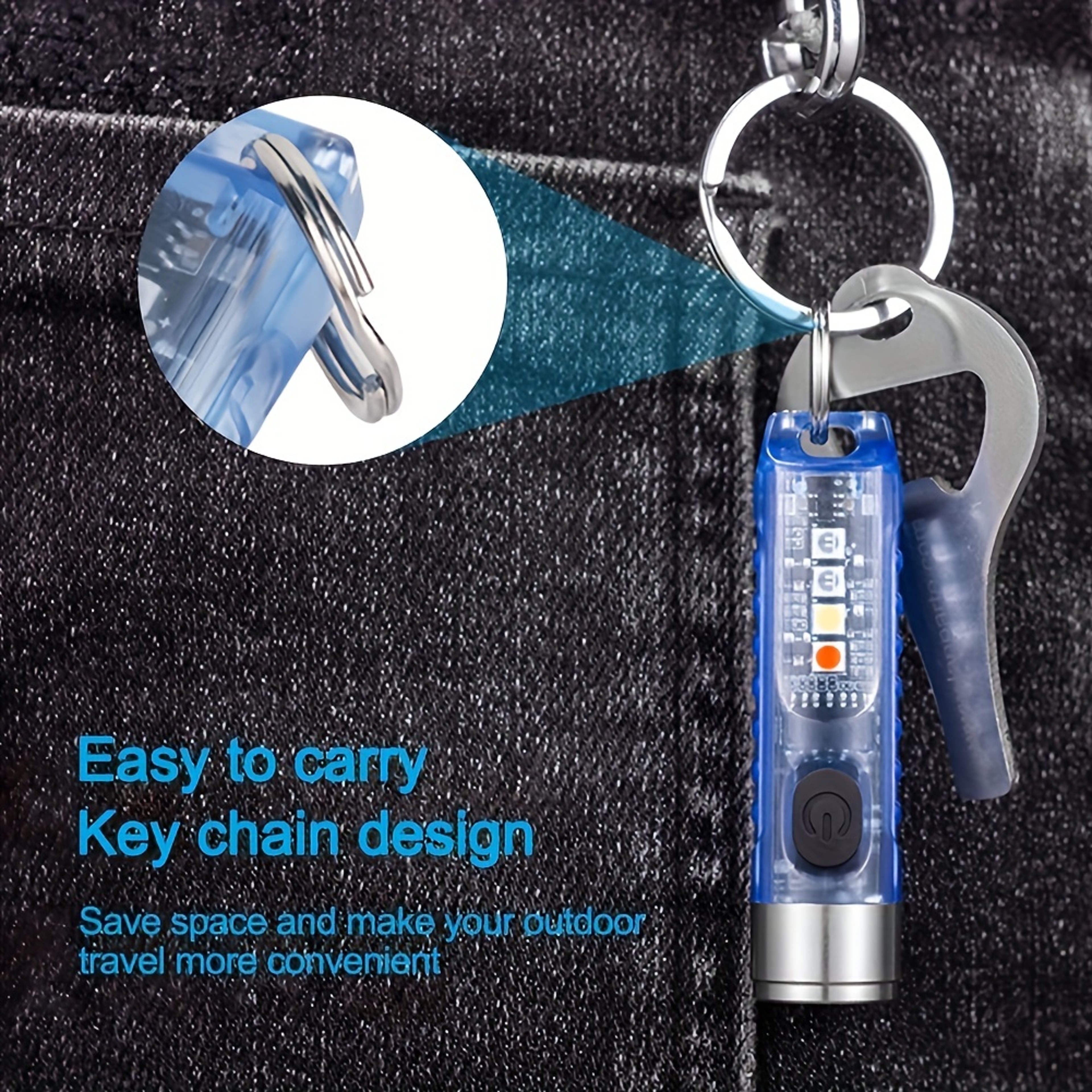 Mini Keychain LED Flashlight USB Rechargeable, Waterproof, Red & Blue Warning Lights, Perfect for Camping & Fishing – view 3