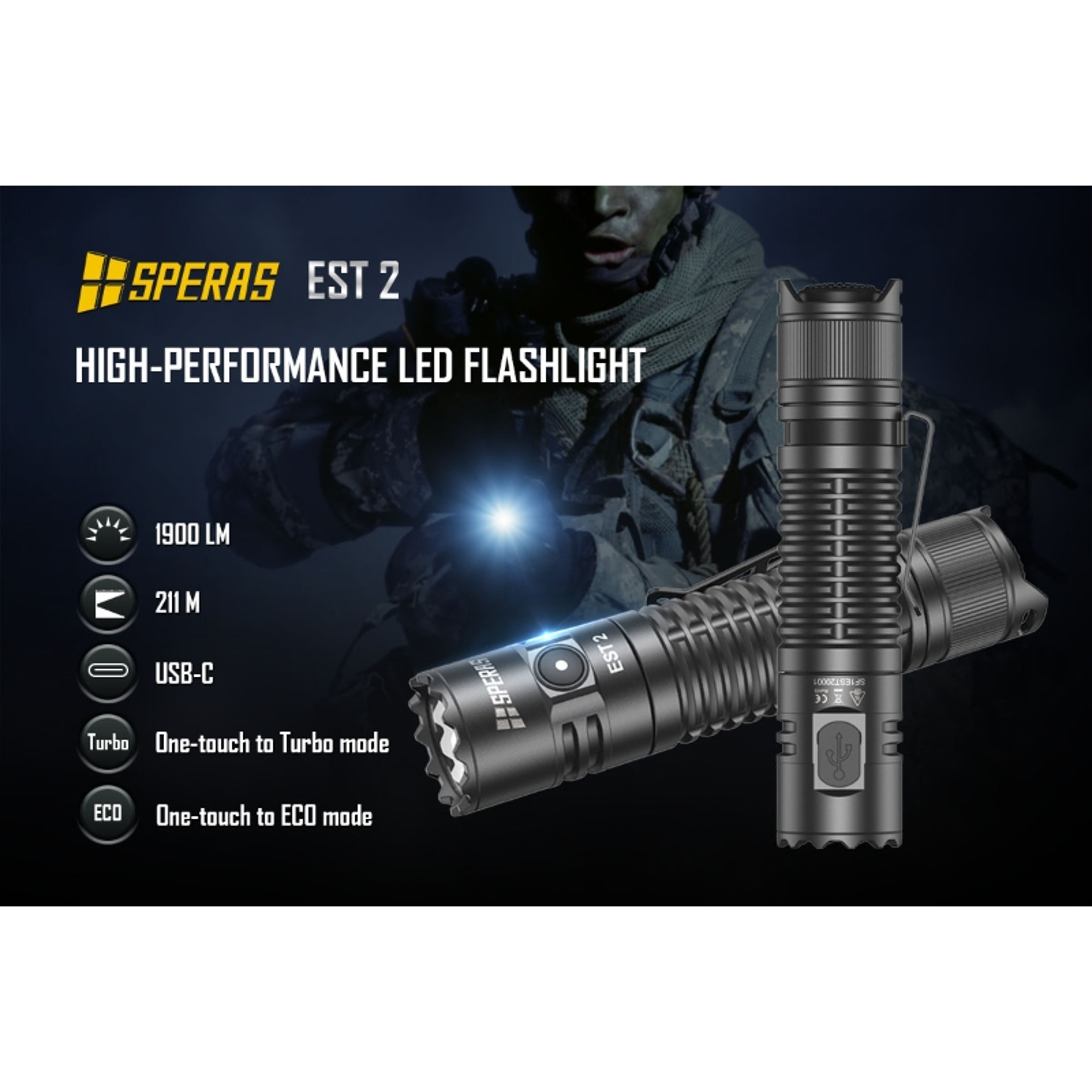 SPERAS EST2 SST LED Rechargeable Flashlight  Type C, , Ultra Powerful Torch for Camping, EDC Use – view 1