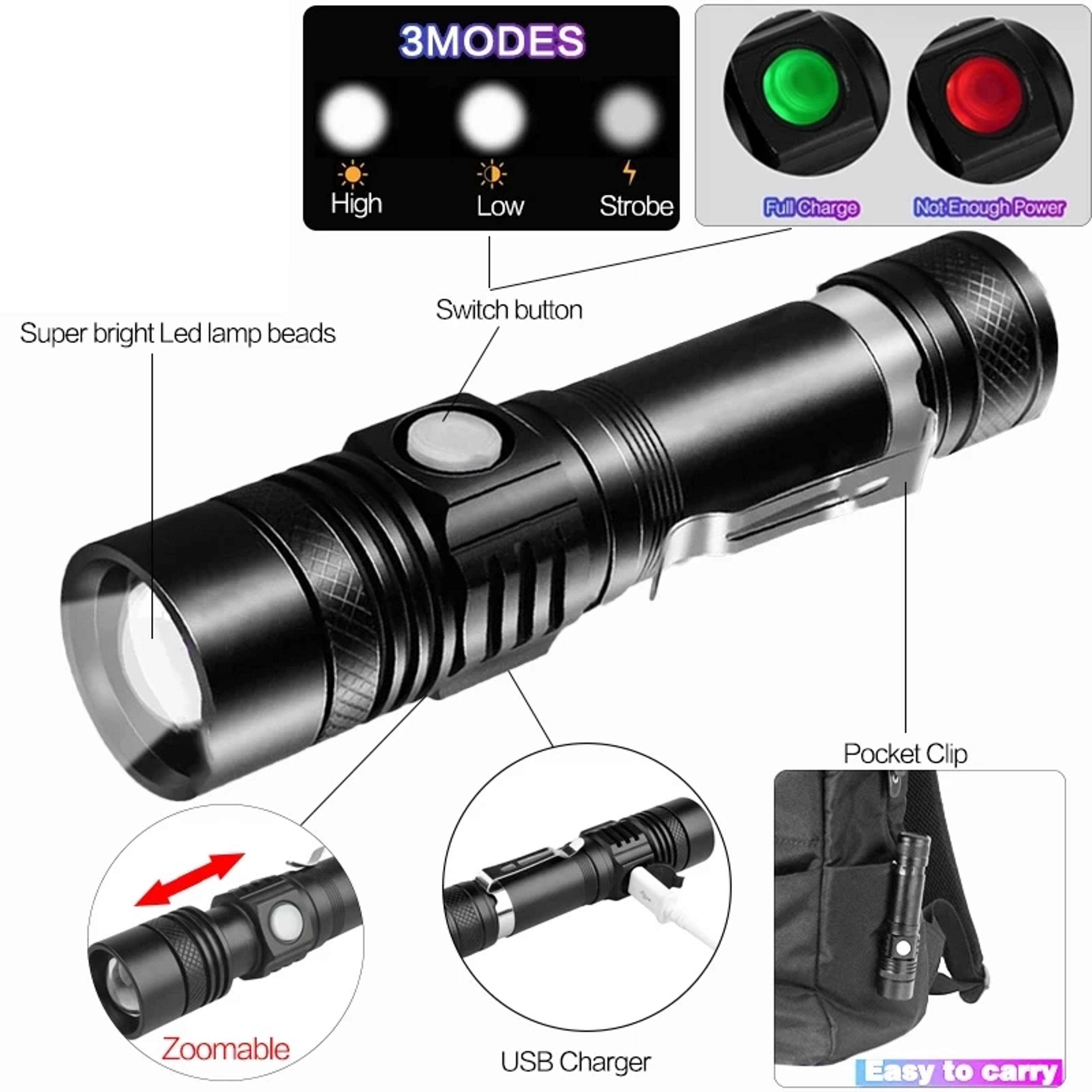 Outdoor Tactical Zoom LED Flashlight Waterproof USB Rechargeable High Power LED Torch For Camping   1