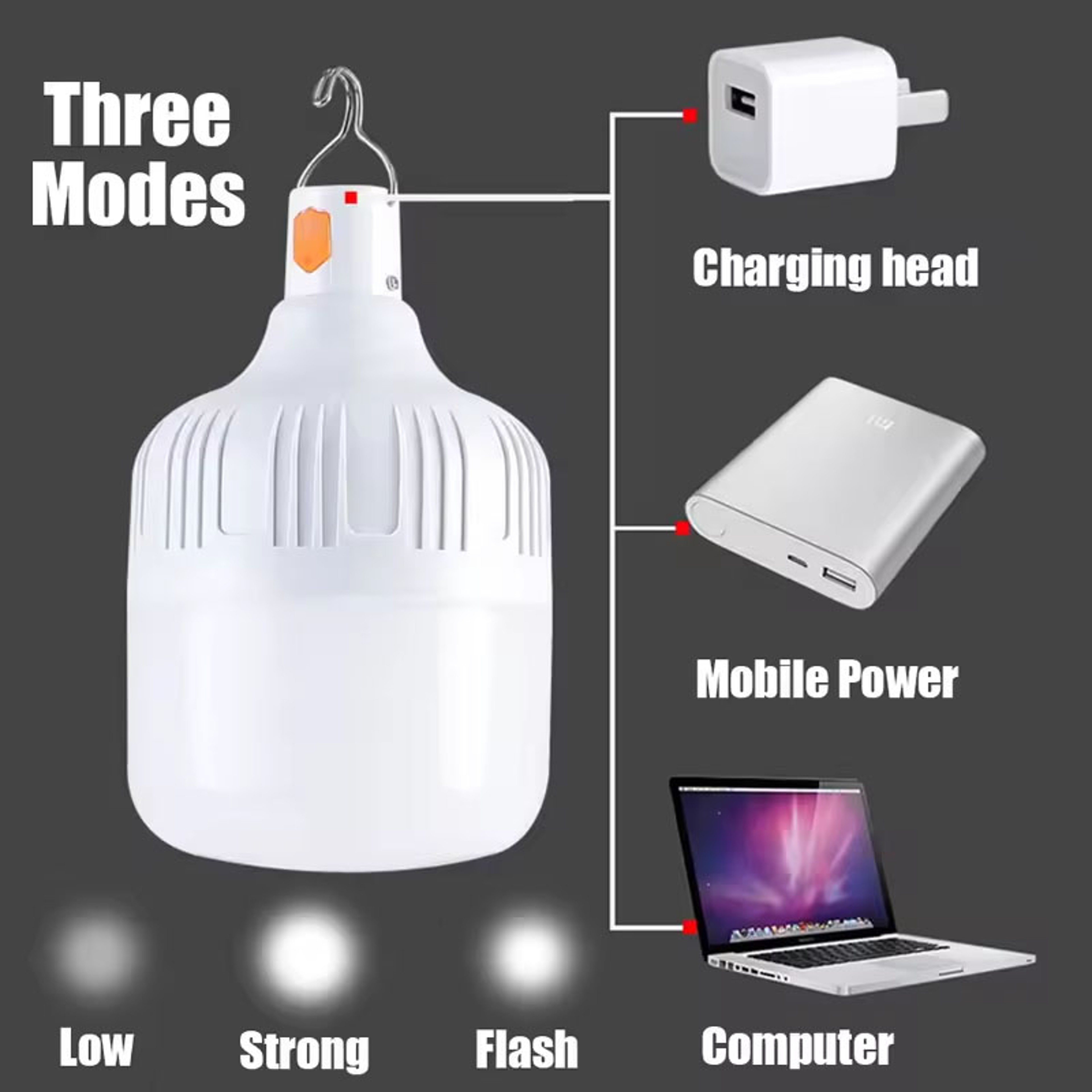 Portable Rechargeable LED Bulb With Hook Level Brightness Emergency Light 4