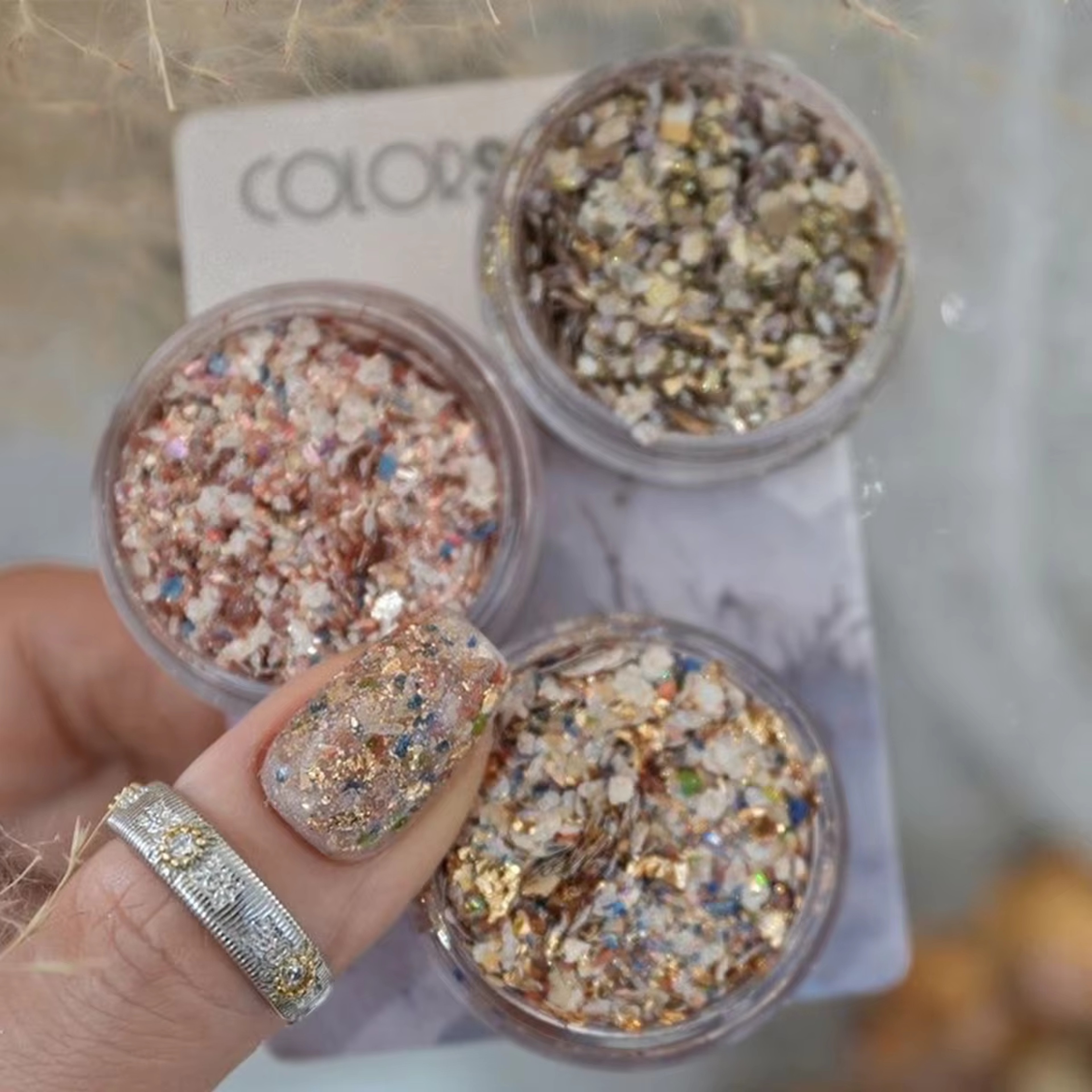 Colorful Shell Nail Powder with Platinum Foil & Rhinestone Charms – view 1