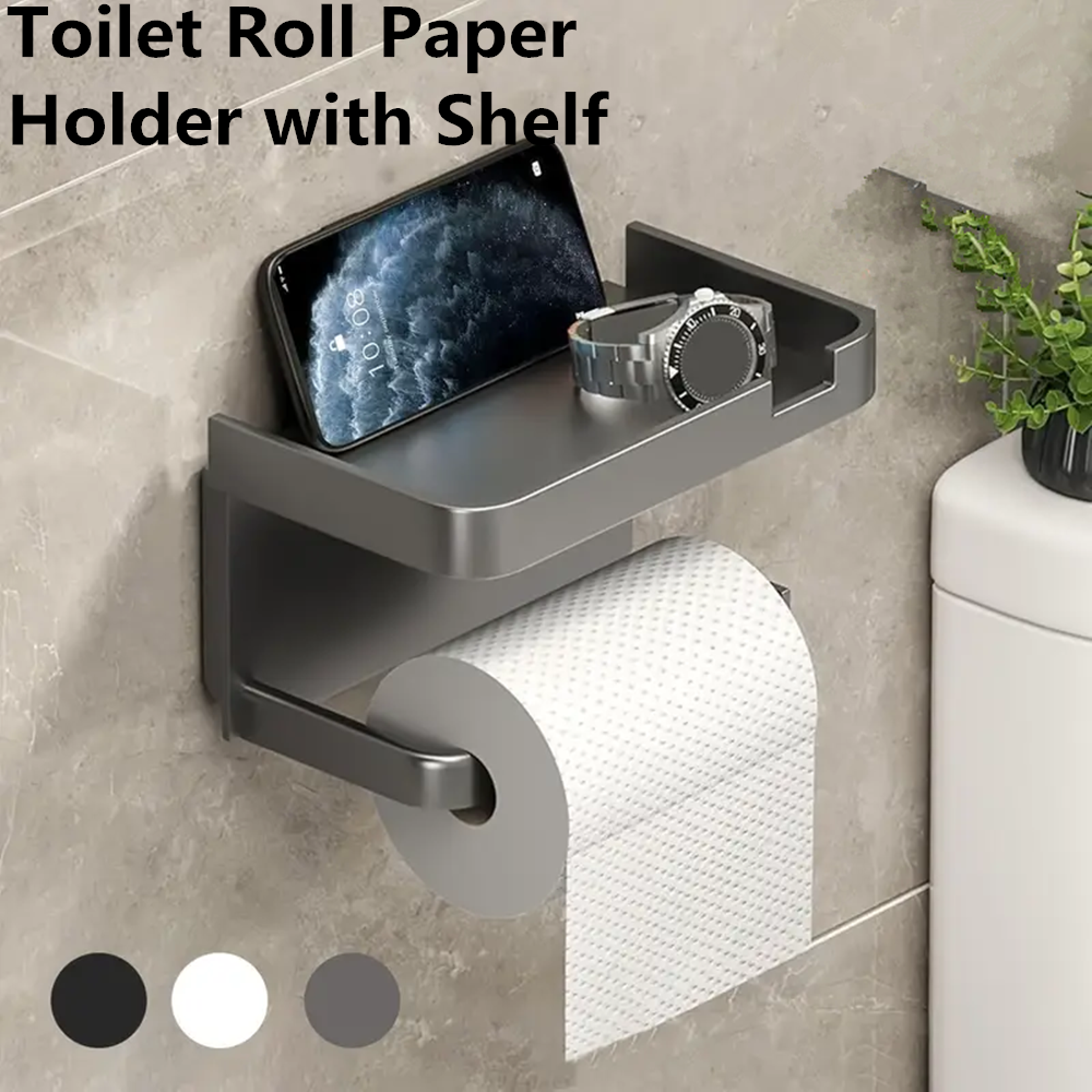 Wall Mounted Toilet Paper Holder with Shelf No Drill Adhesive Waterproof Bathroom Organizer – view 1
