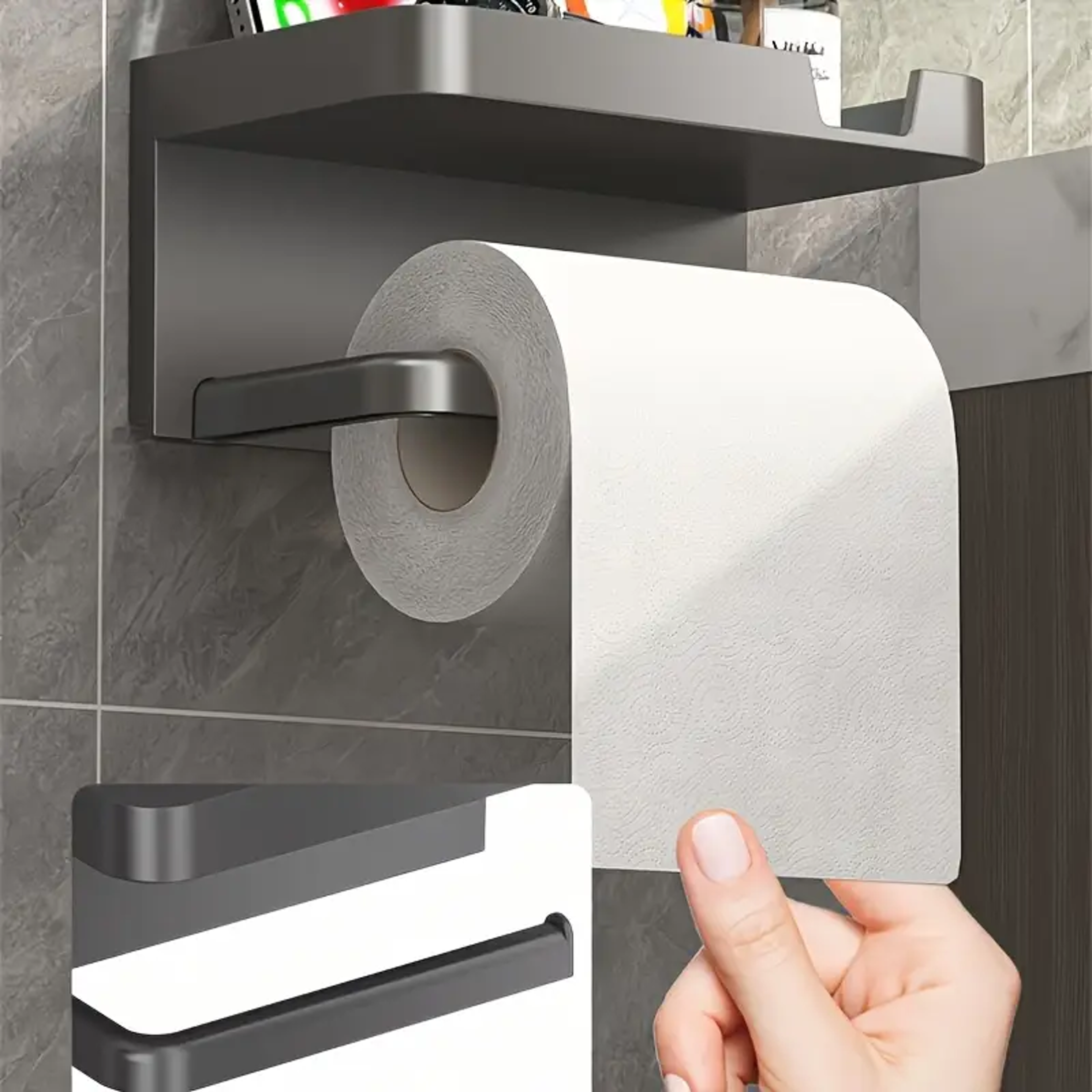 Wall Mounted Toilet Paper Holder with Shelf No Drill Adhesive Waterproof Bathroom Organizer – view 4