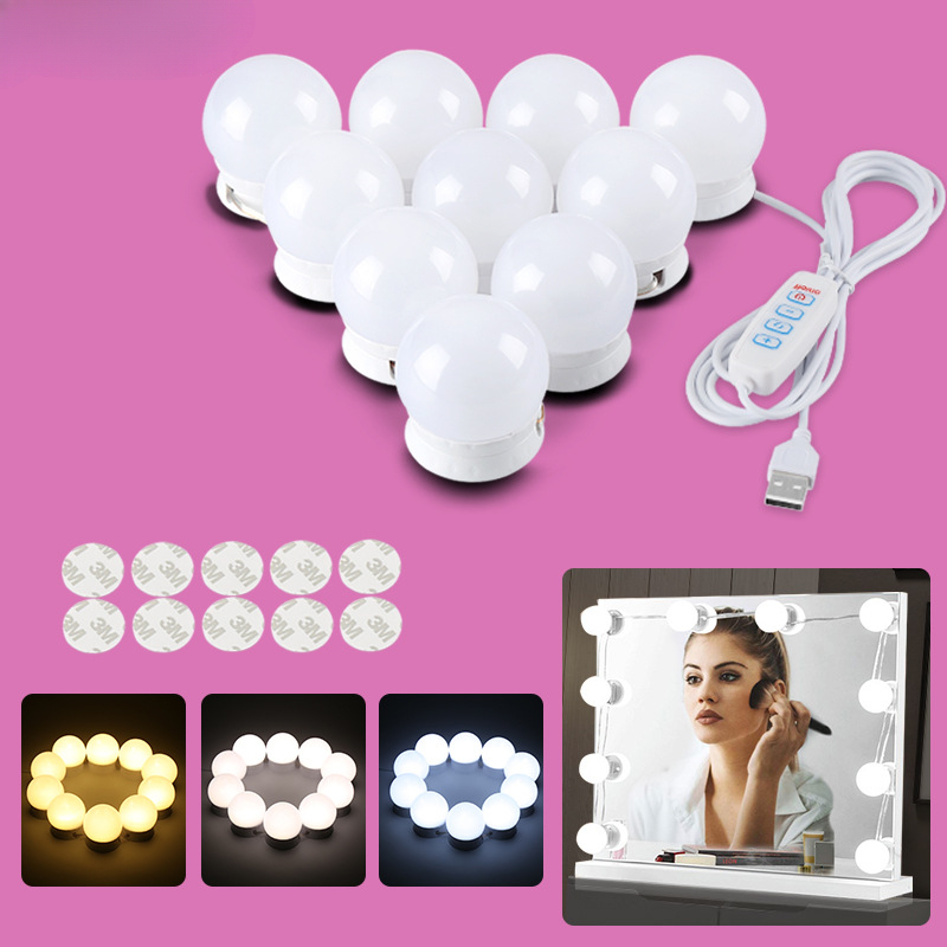 Hollywood LED Vanity Mirror Lights Stick On Kit With Dimmable Color Modes USB Powered 1