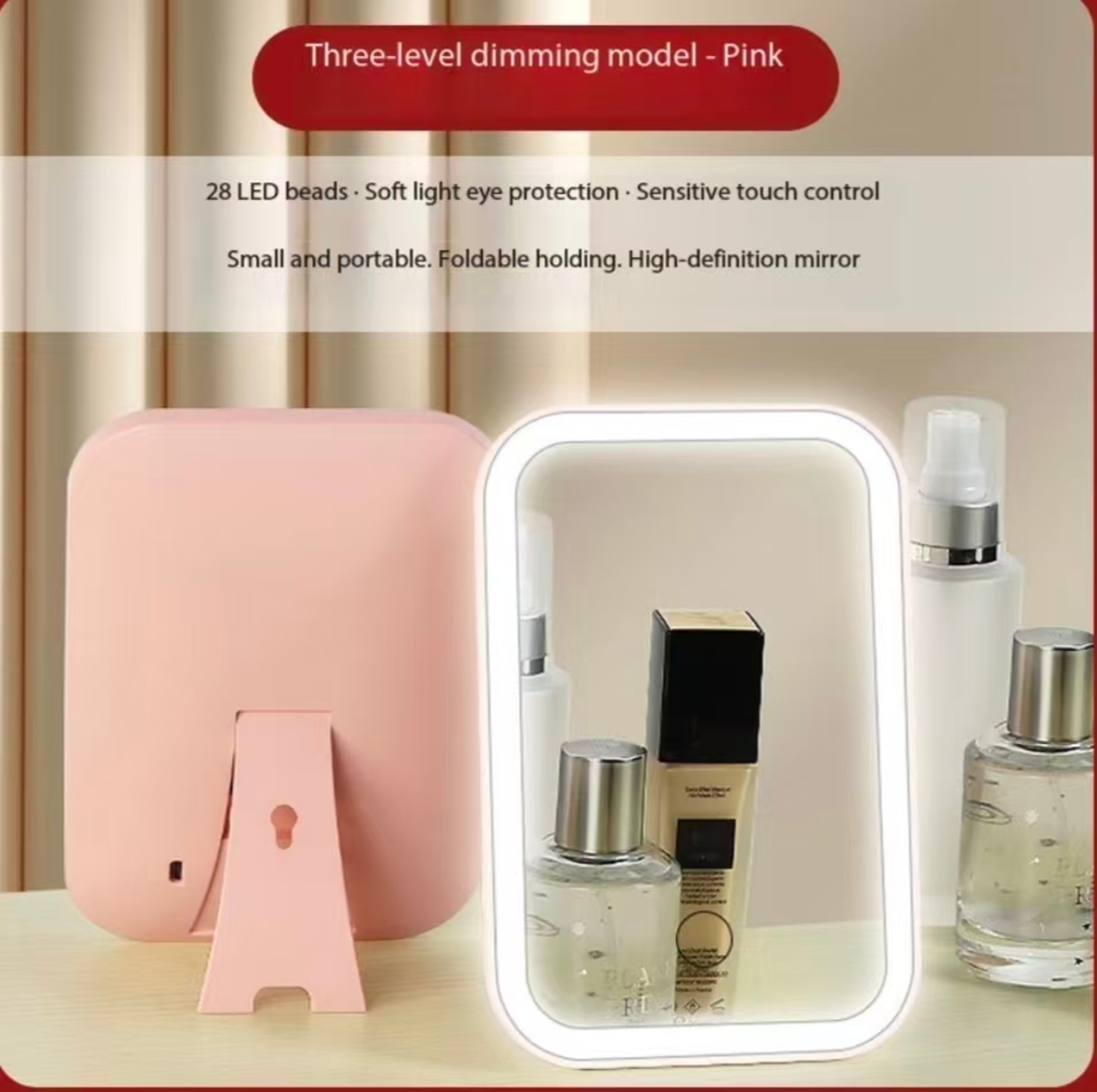 LED Touch Screen Makeup Mirror with Lights Rechargeable Folding Vanity Mirror Color Modes – view 2