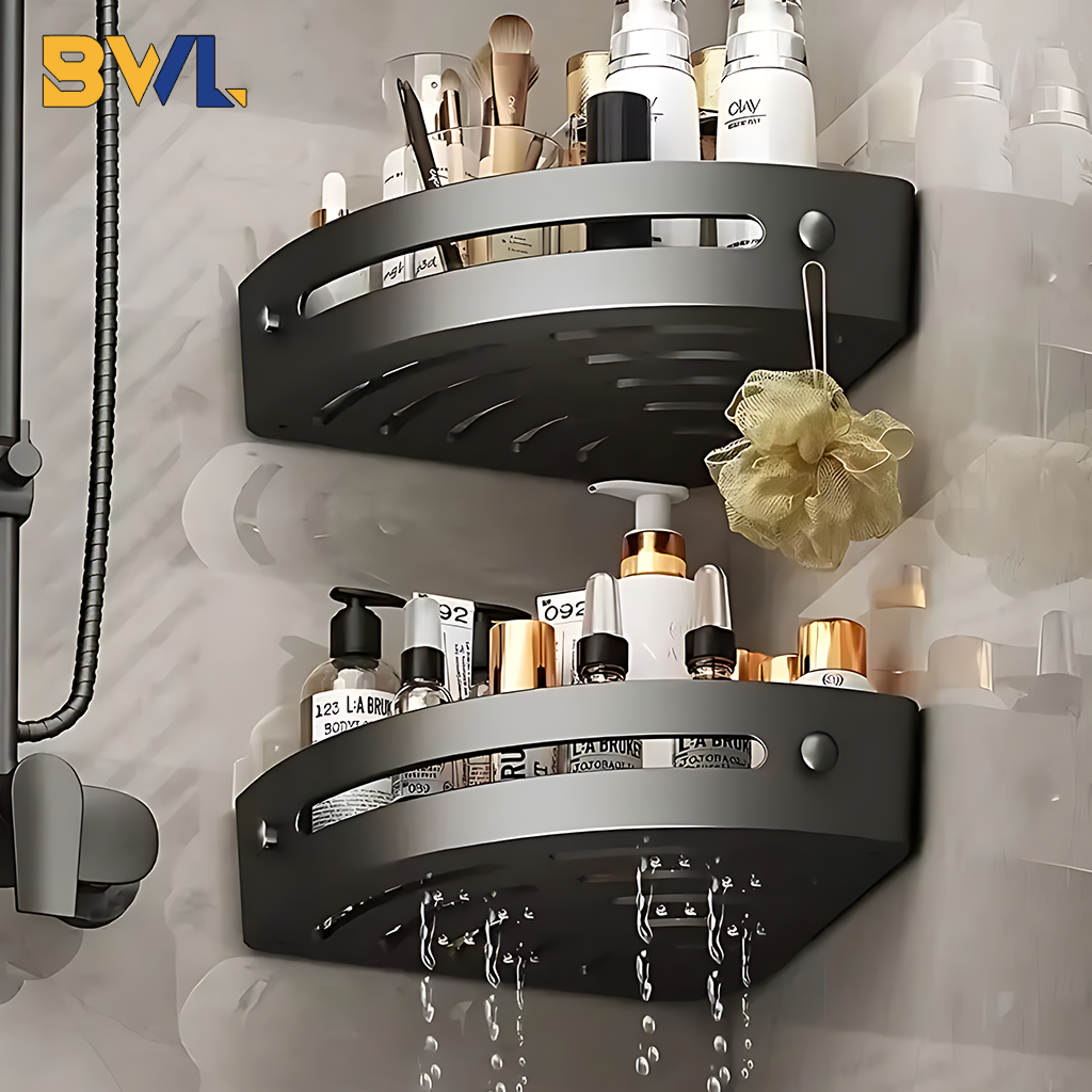 No Drill Adhesive Shower Shelf Set Bathroom Wall Shelves For Kitchen  Bath Storage 0