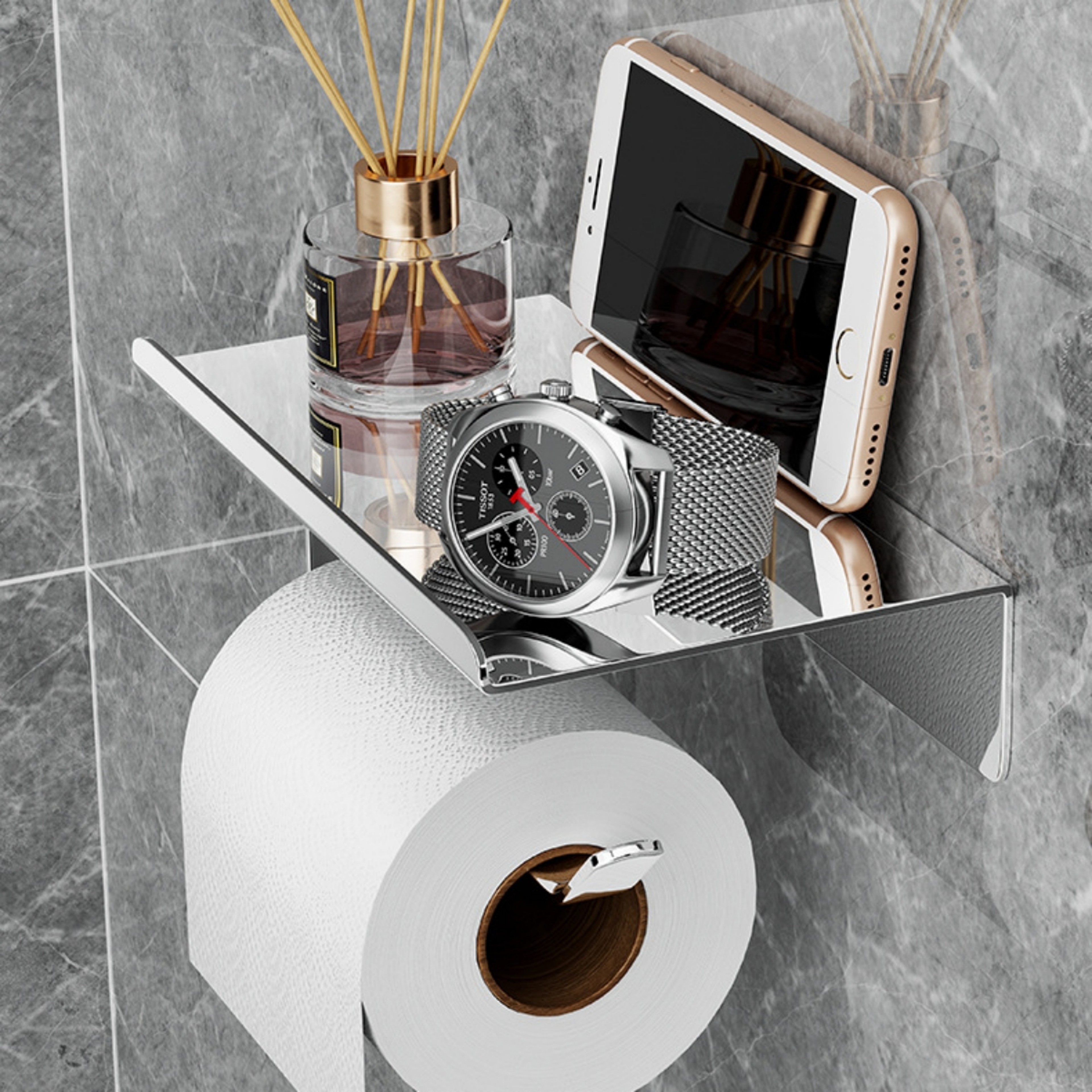 Wall Mount Toilet Paper Holder with Shelf Phone Storage Bathroom Organizer – view 1