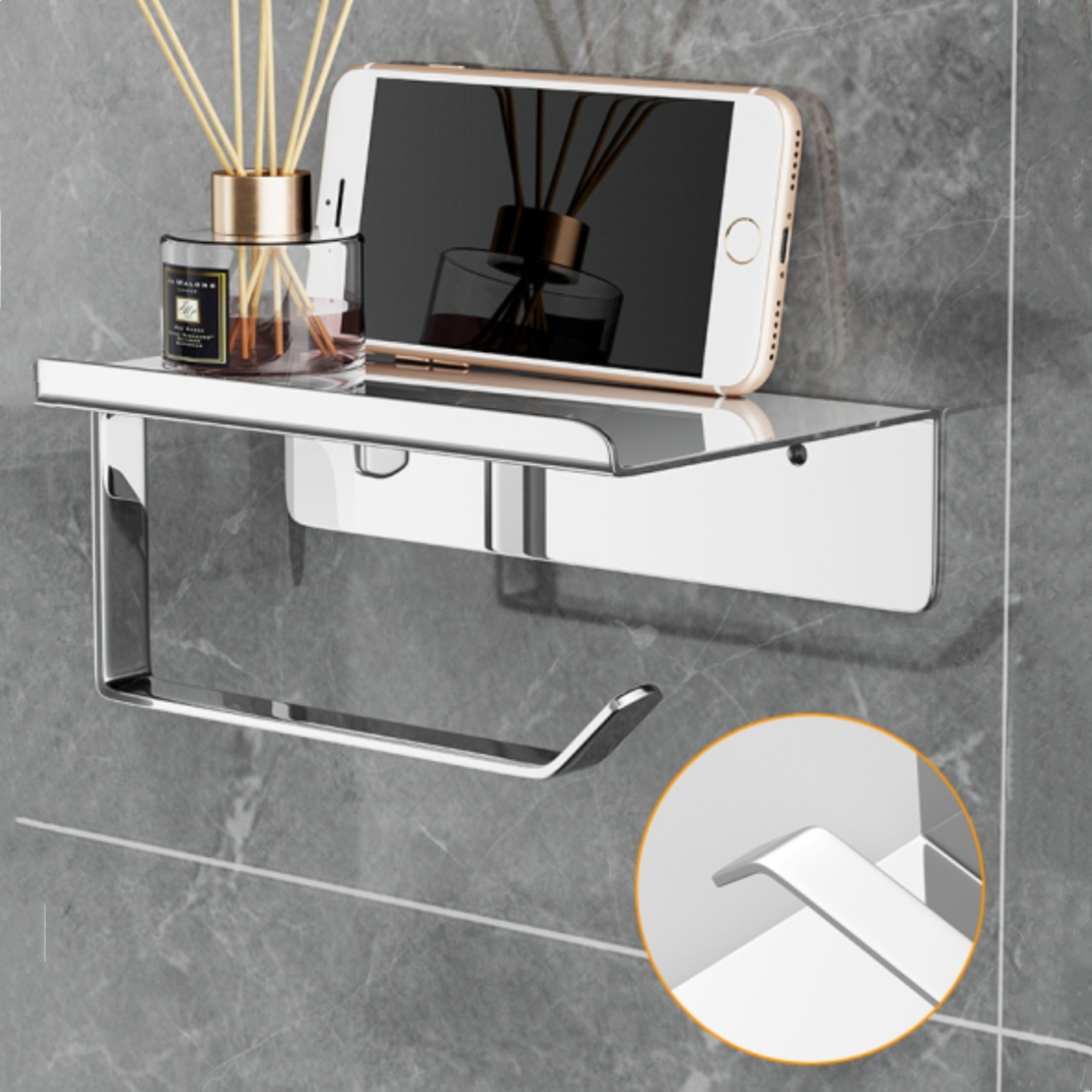 Wall Mount Toilet Paper Holder with Shelf Phone Storage Bathroom Organizer – view 7