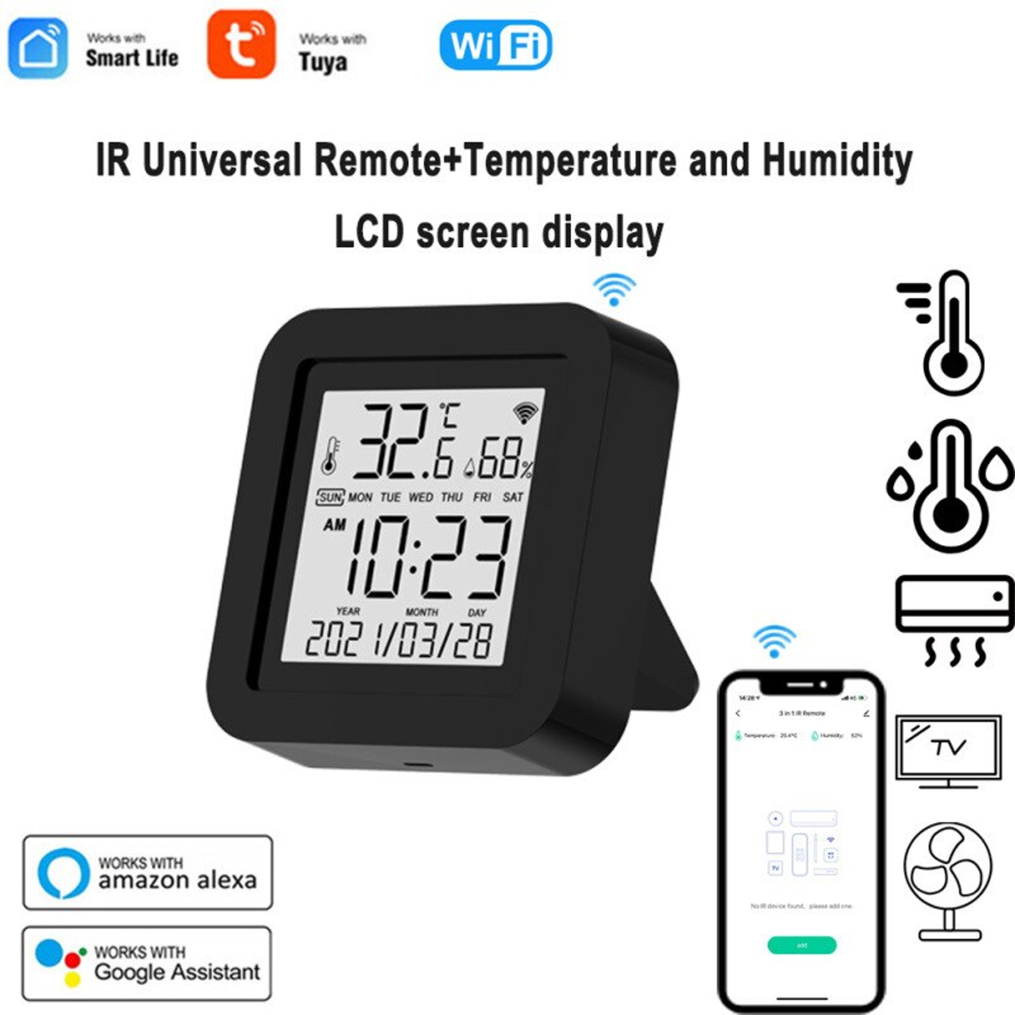 Smart WiFi IR Remote Controller with Temperature Sensor & Voice Control for AC TV Home Automation – view 1
