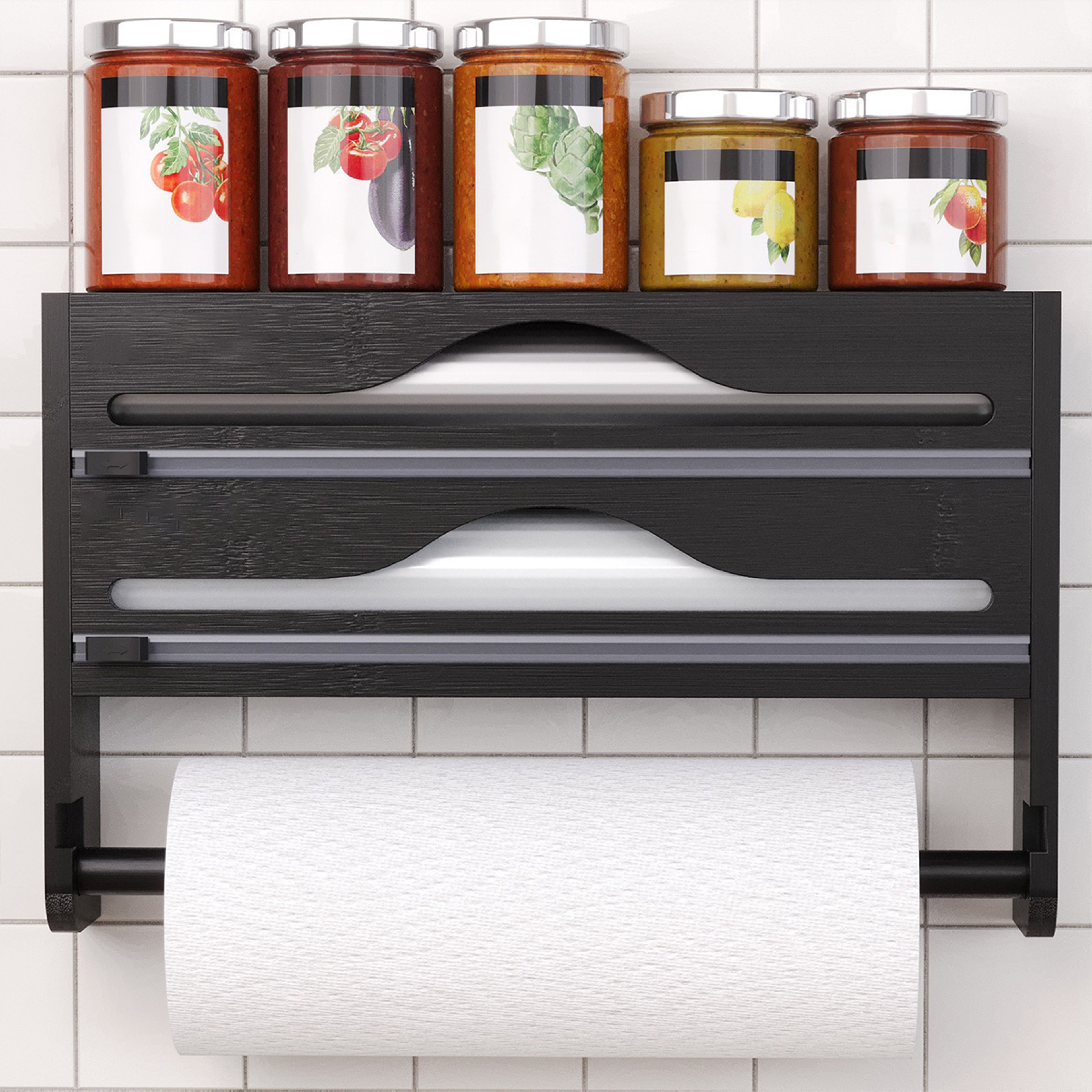 Bamboo Kitchen Organizer with Cutter Wall Mount Foil and Wrap Dispenser – view 1