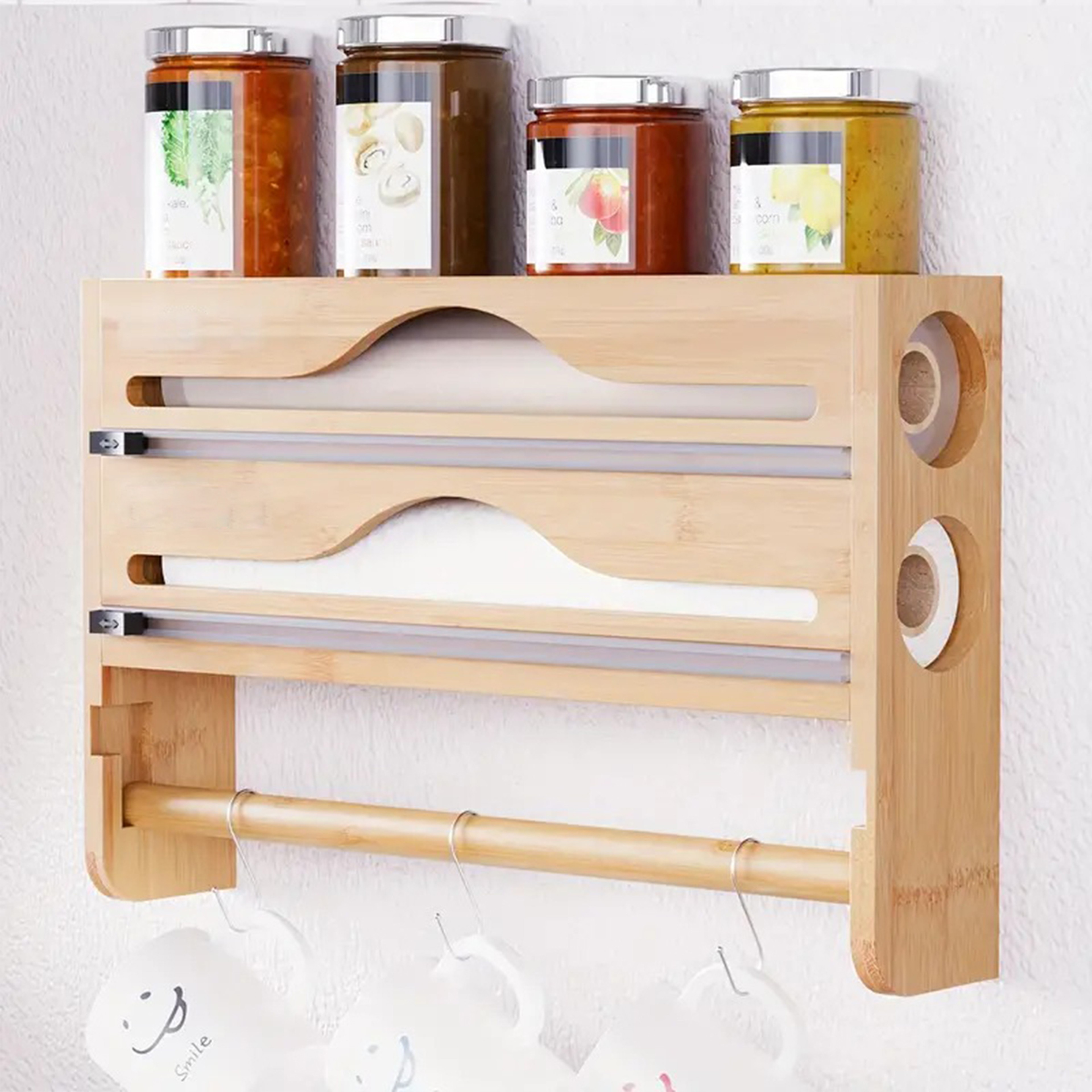 Bamboo Kitchen Organizer with Cutter Wall Mount Foil and Wrap Dispenser – view 3