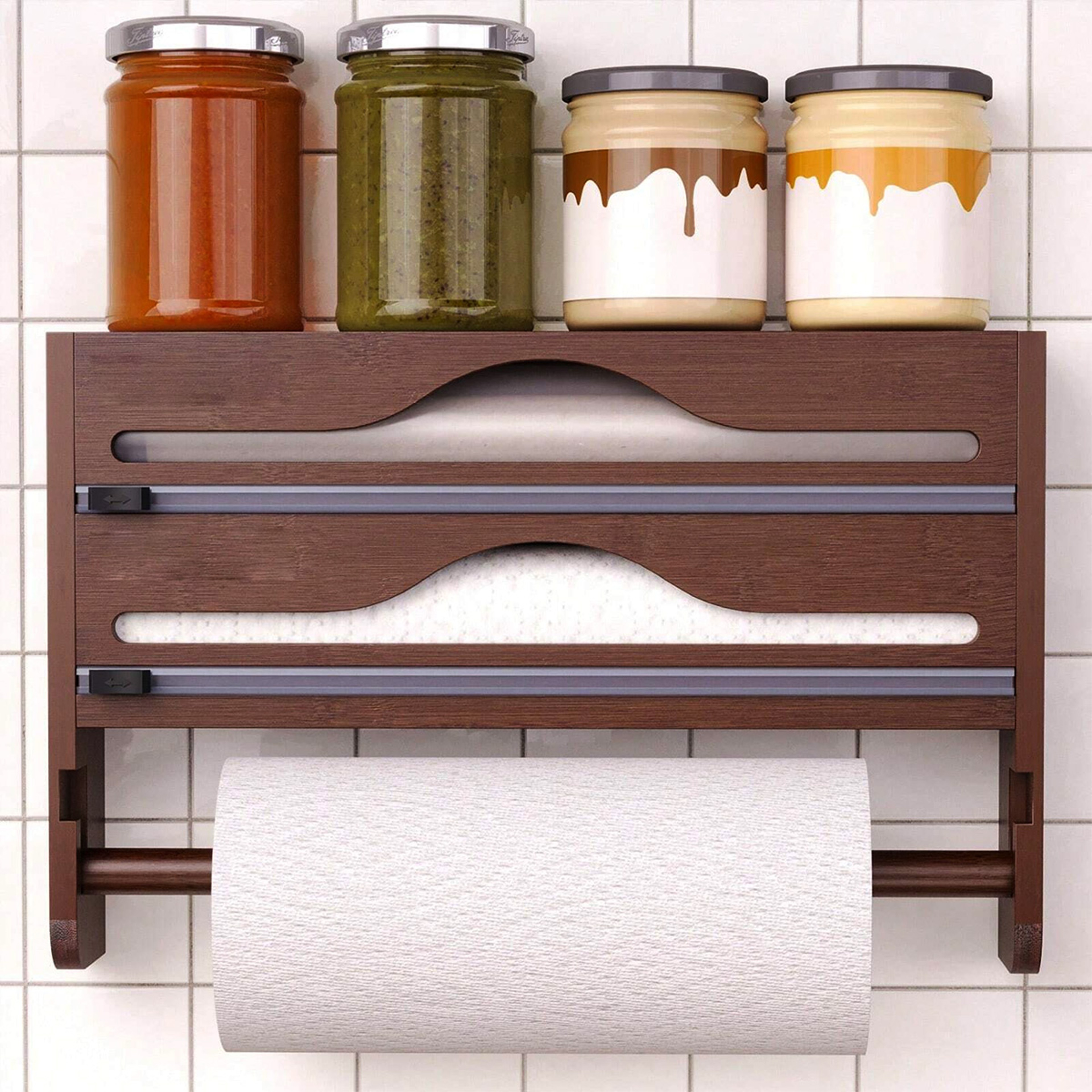 Bamboo Kitchen Organizer with Cutter Wall Mount Foil and Wrap Dispenser – view 4