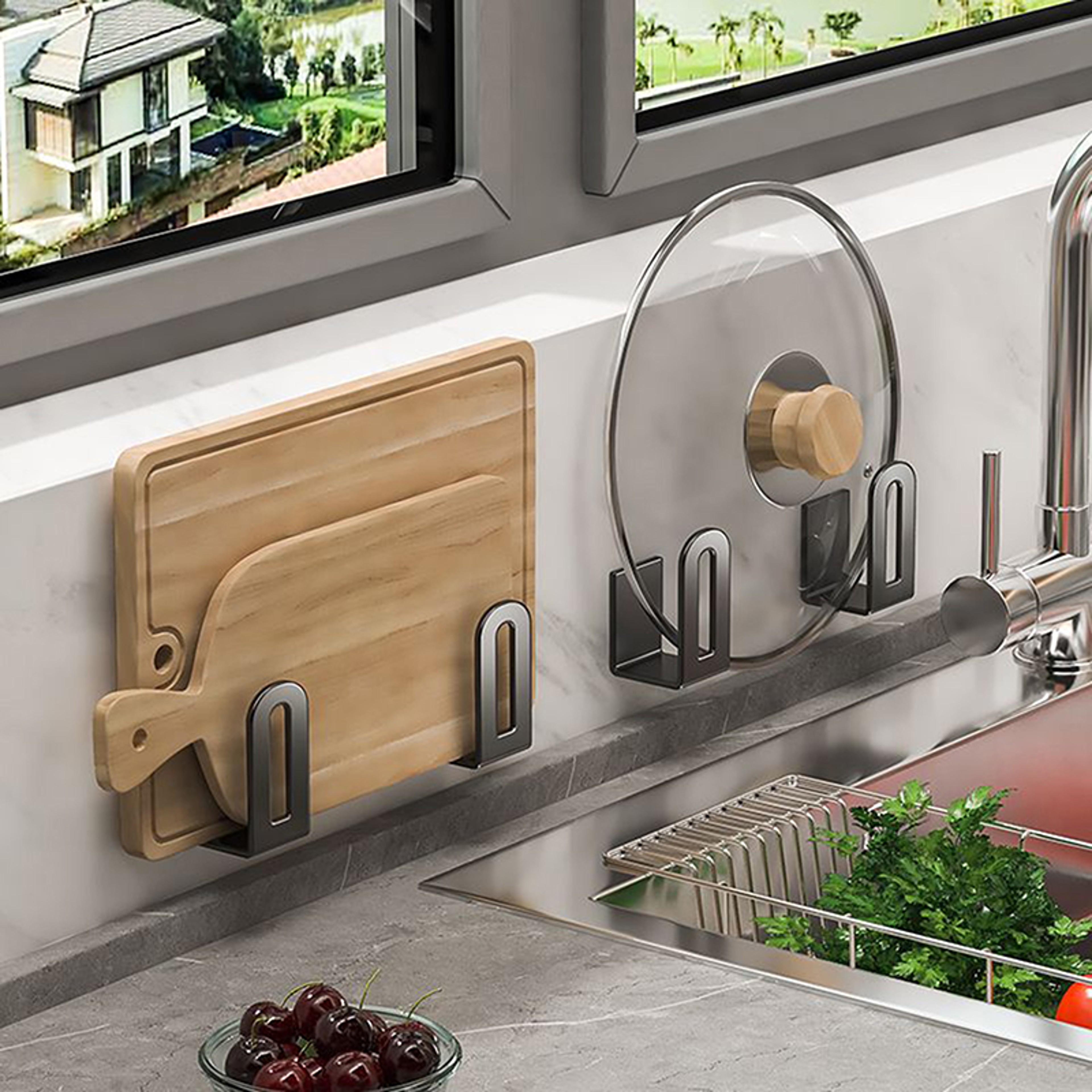 Wall Mounted Kitchen Organizer Set Stainless Steel Cutting Board Rack  Sink Sponge Holder 0