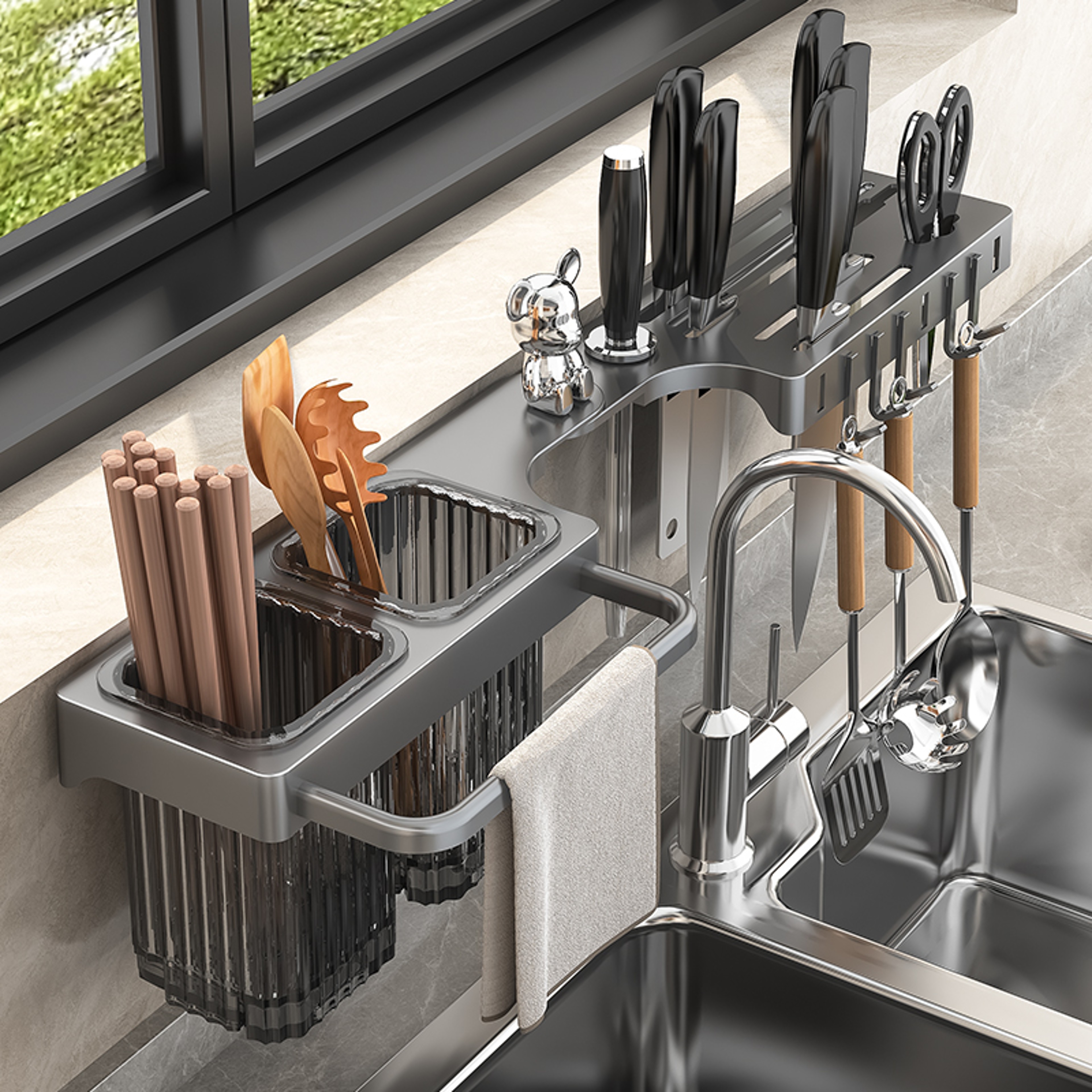 Wall Mounted Knife Rack Organizer with Chopstick Holder Kitchen Storage Shelf – view 2