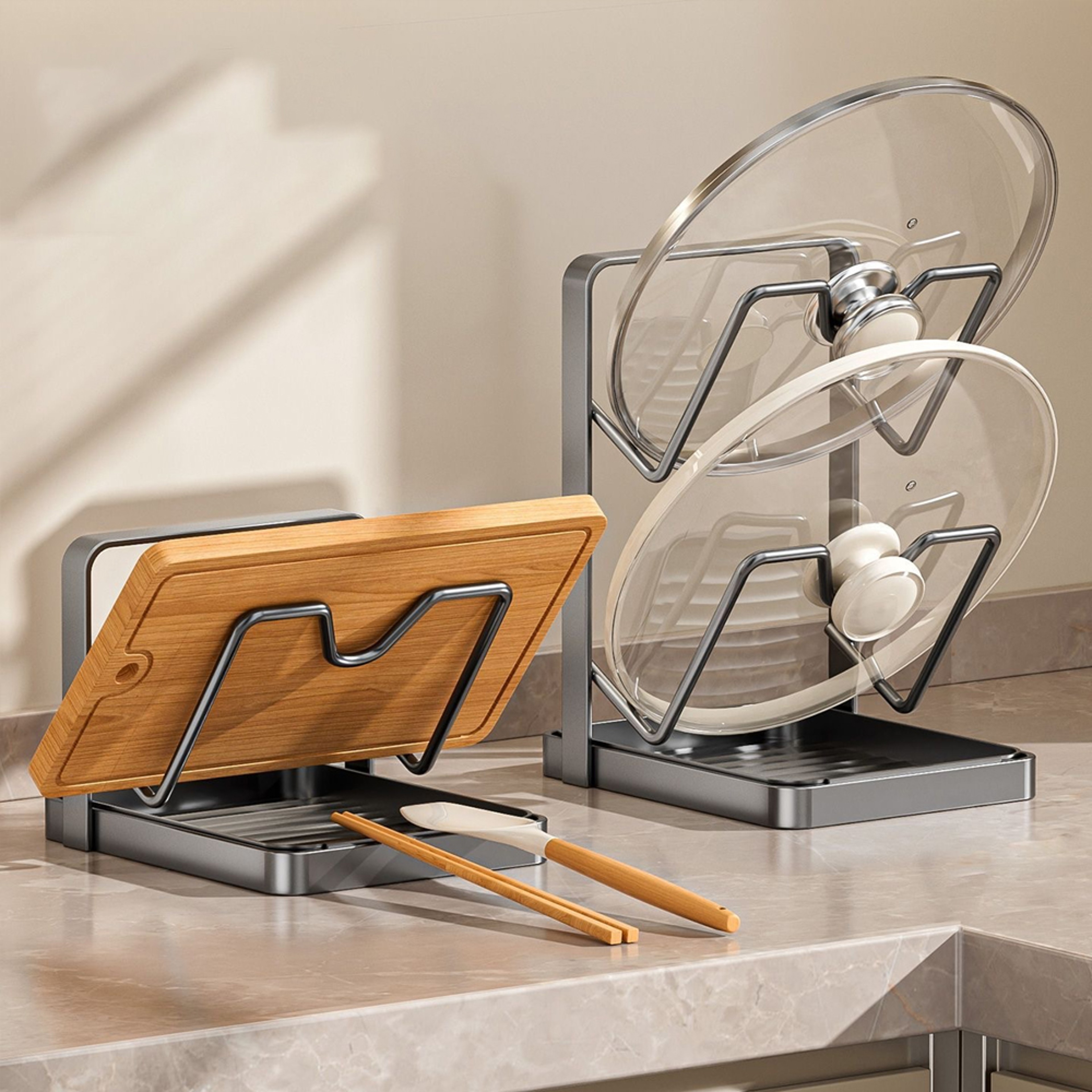 Multi Functional Kitchen Counter Organizer With Cutting Board Holder And Spatula Rack 0