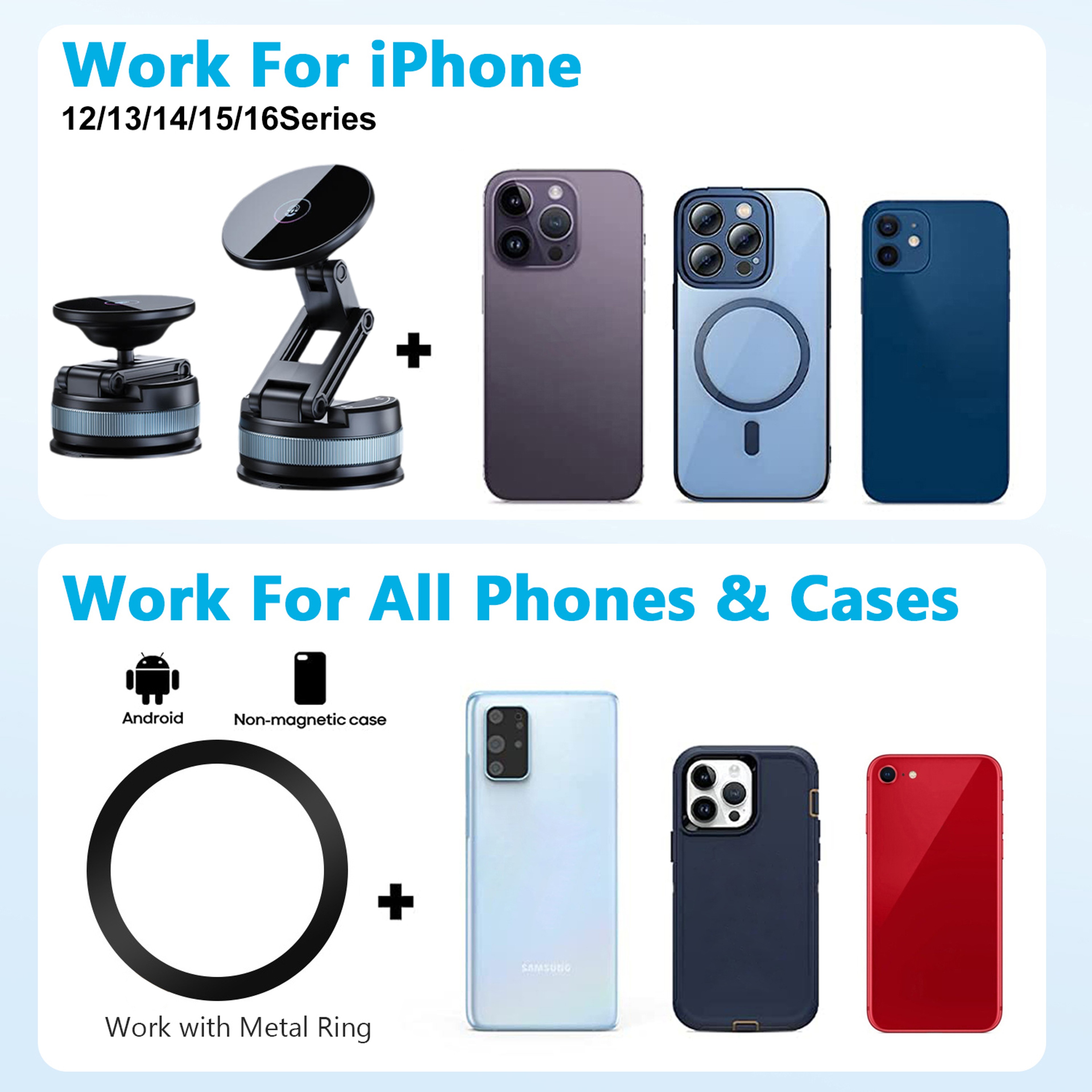 Magnetic Car Phone Mount with Vacuum Suction Foldable Extendable Holder for Dashboard & Windshield – view 2