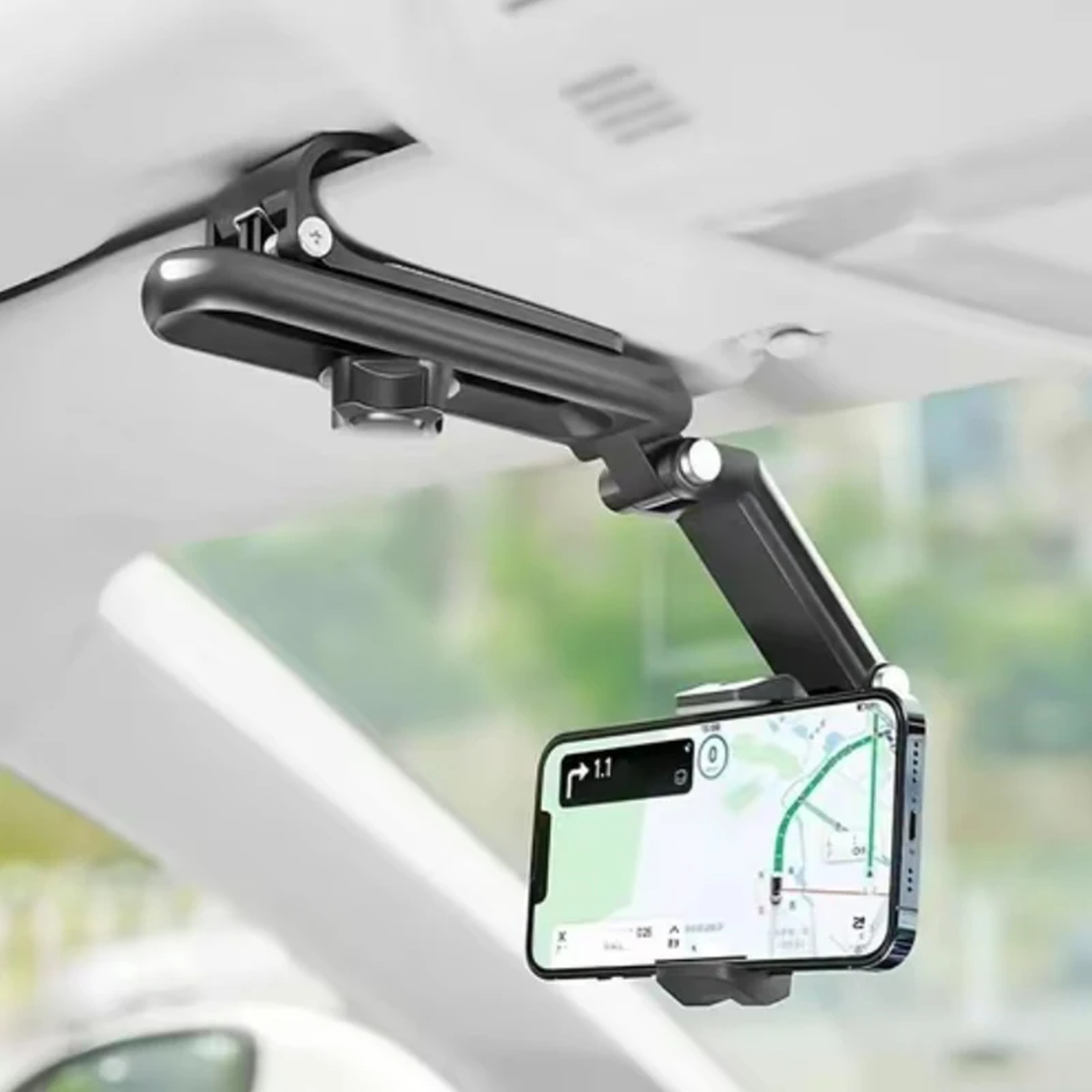 Adjustable Rearview Mirror Phone Mount Universal car phone holder with Rotating Clip – view 1