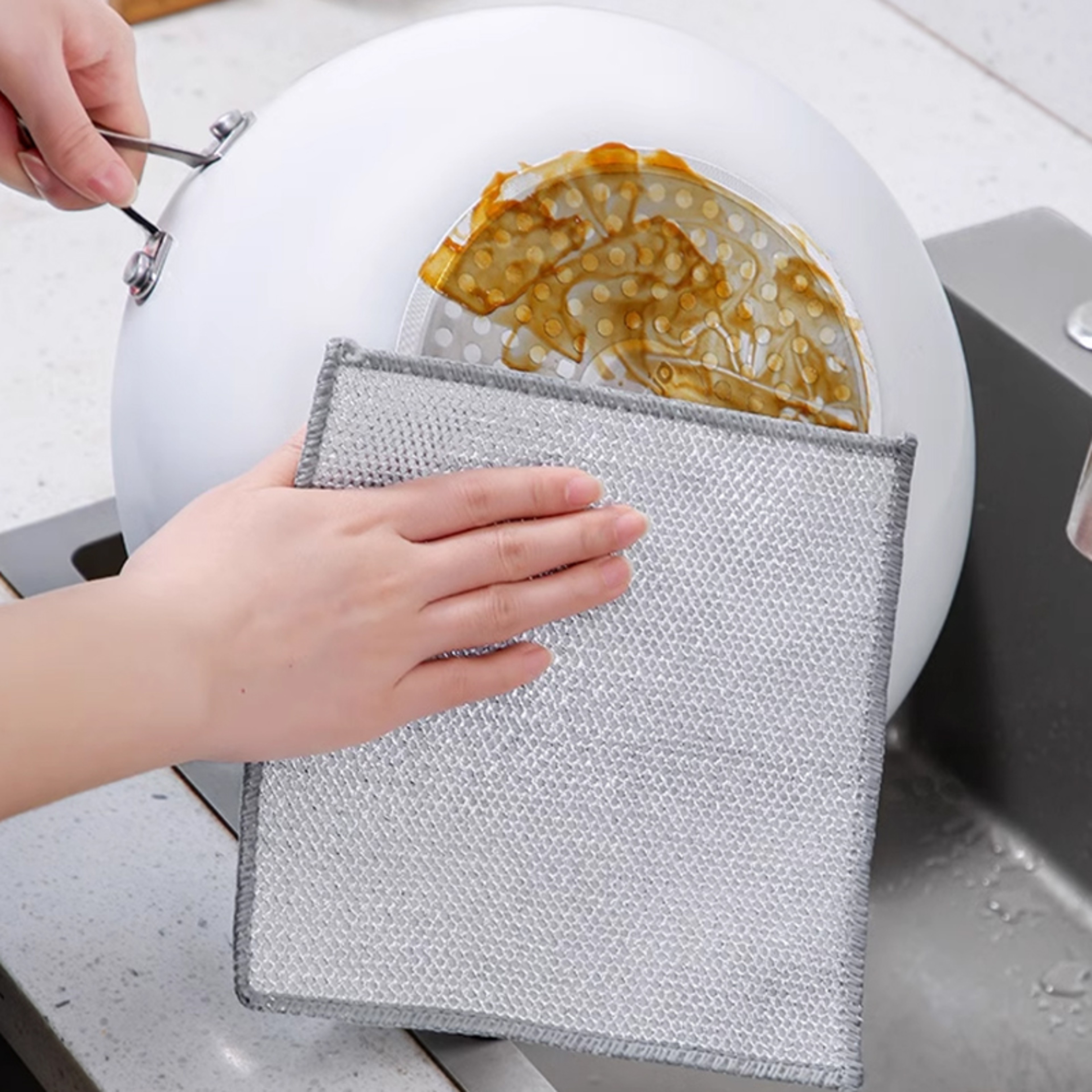 Silver Scrub Microfiber Kitchen Cloth Set For Dishes Pots  Grease Cleaning 1
