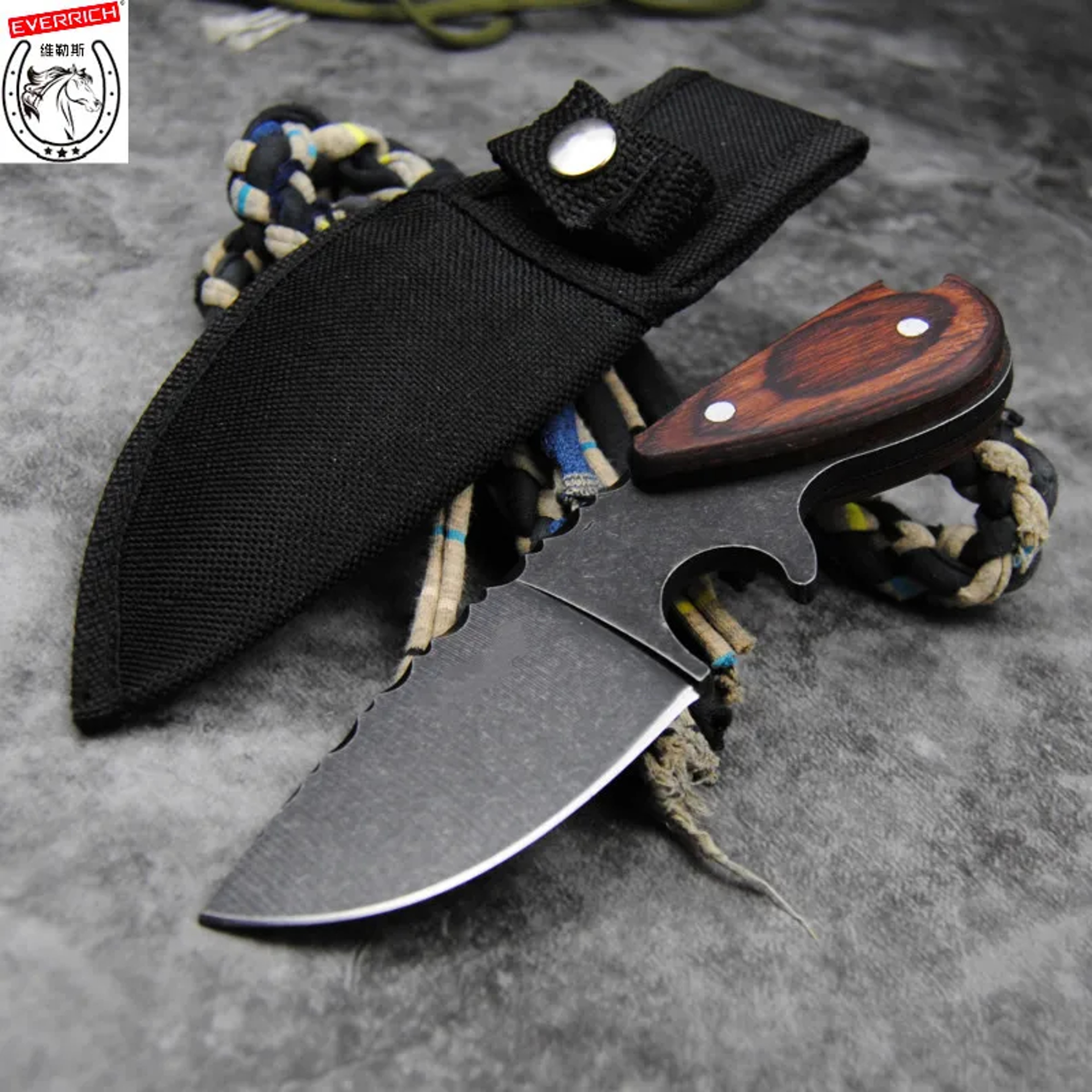Steel Fixed Blade Hunting Knife with Sandalwood Handle & Leather Sheath – view 3