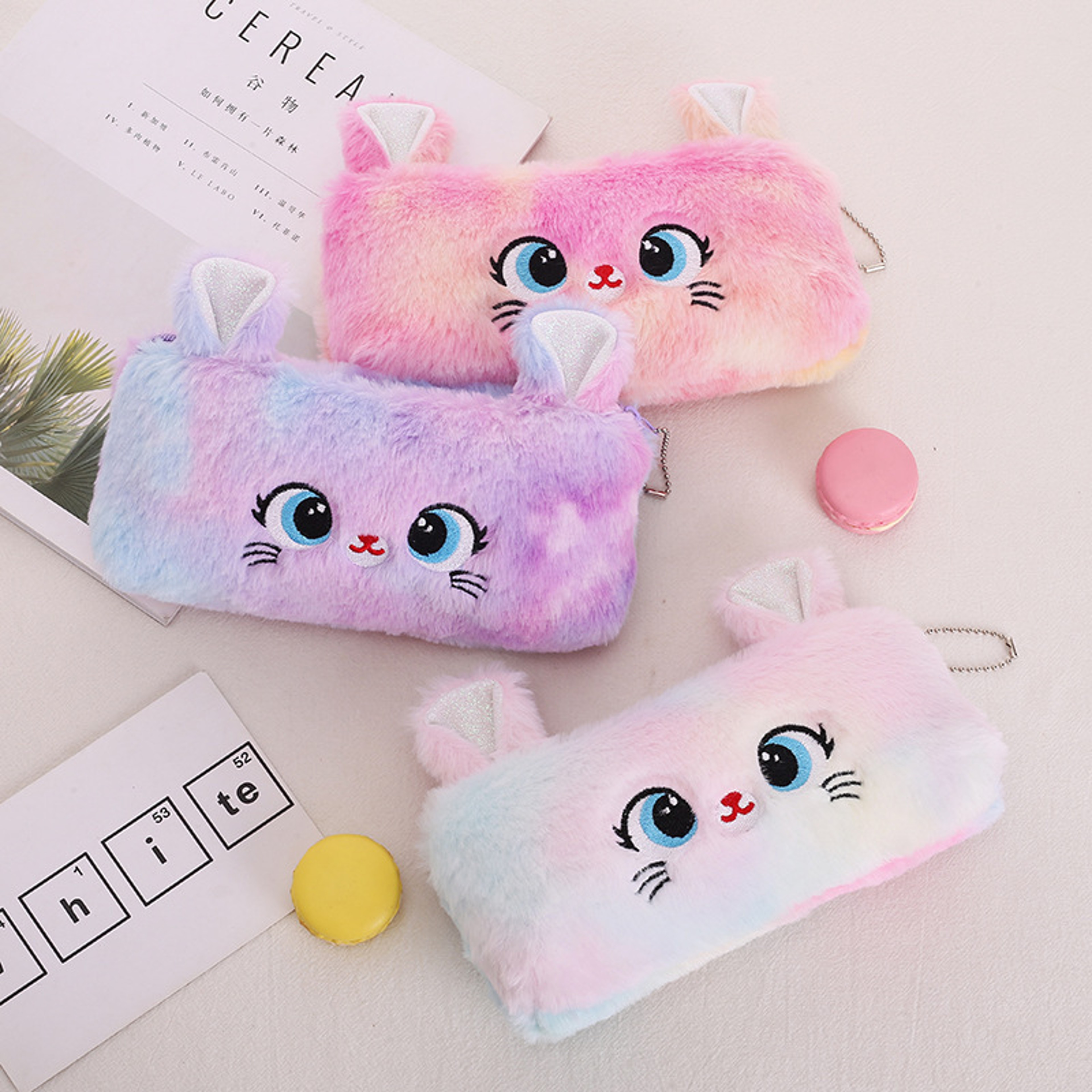 Kawaii Cat Plush Pencil Case Large Capacity Cute Pencil Pouch For Girls  Kids 0