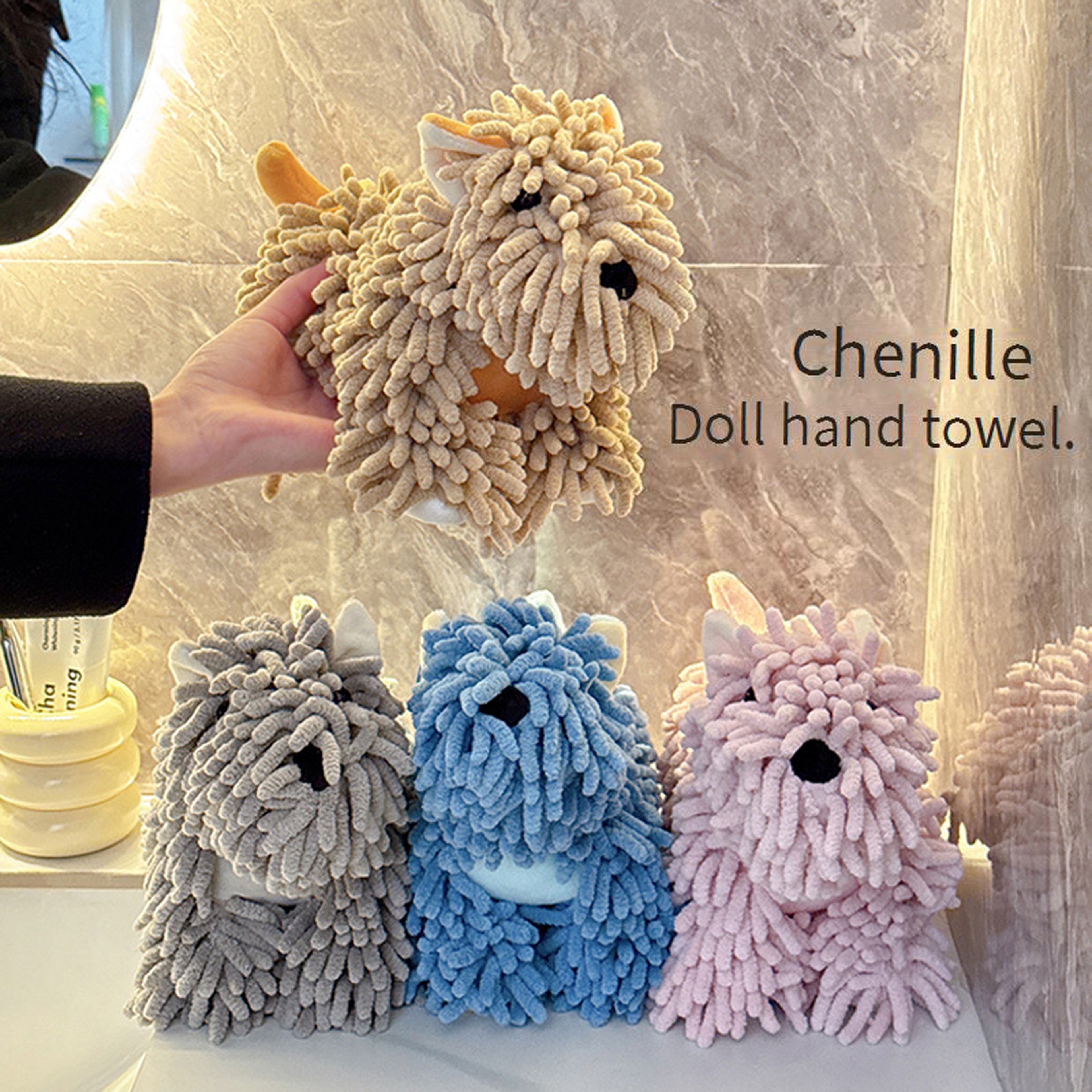 Cute Dog Chenille Hand Towel With Hanging Loop Soft Absorbent Bathroom  Kitchen Drying Towel 0