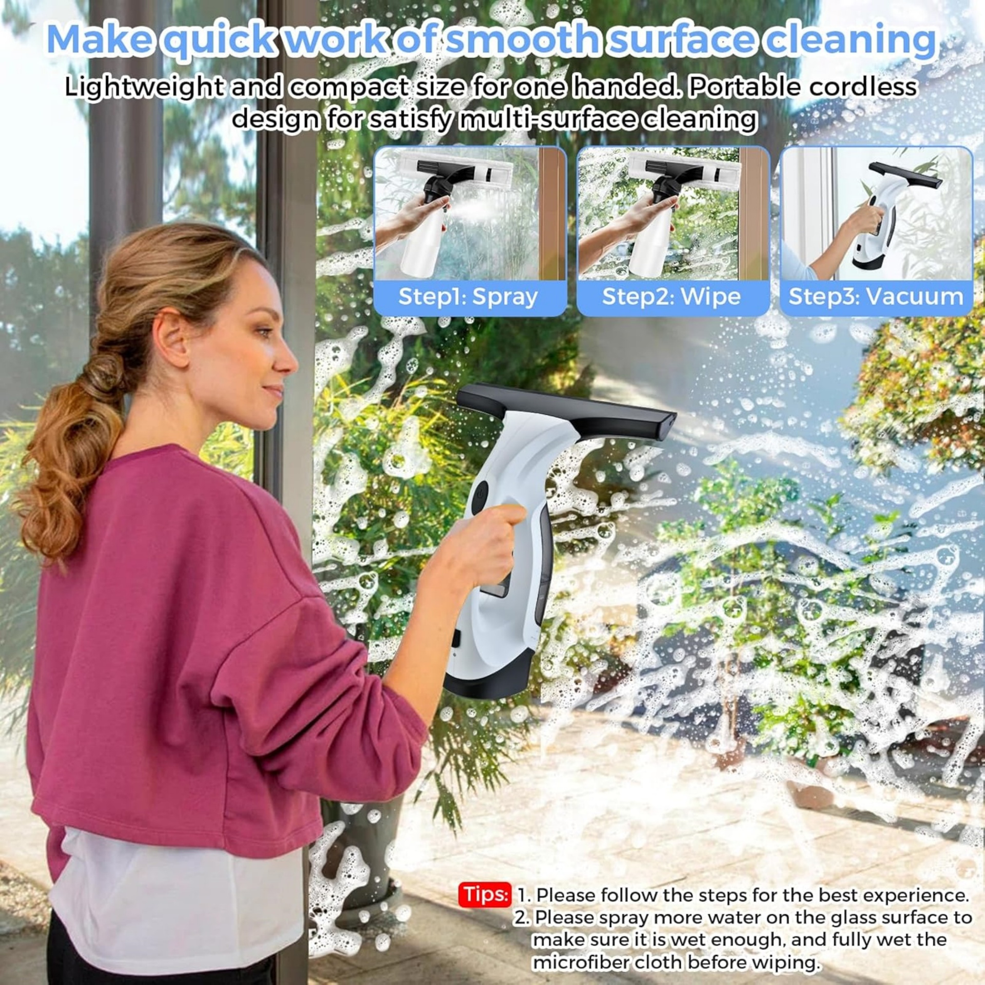 Cordless Window Cleaner Electric Glass Cleaner Rechargeable Streak Free Glass Wiper 2