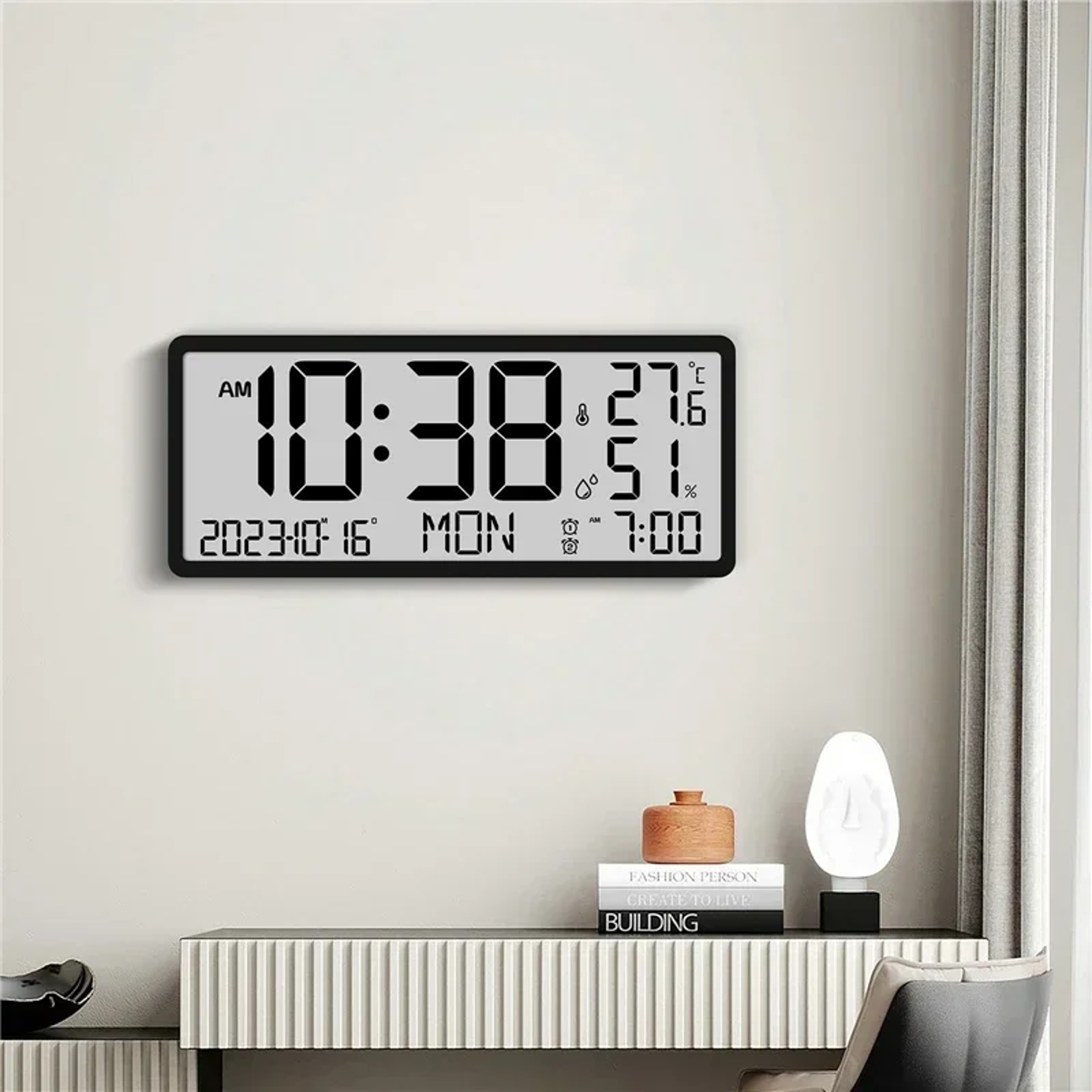Large Digital Wall Clock with Temperature & Humidity Display Battery Powered LCD Calendar Clock – view 3