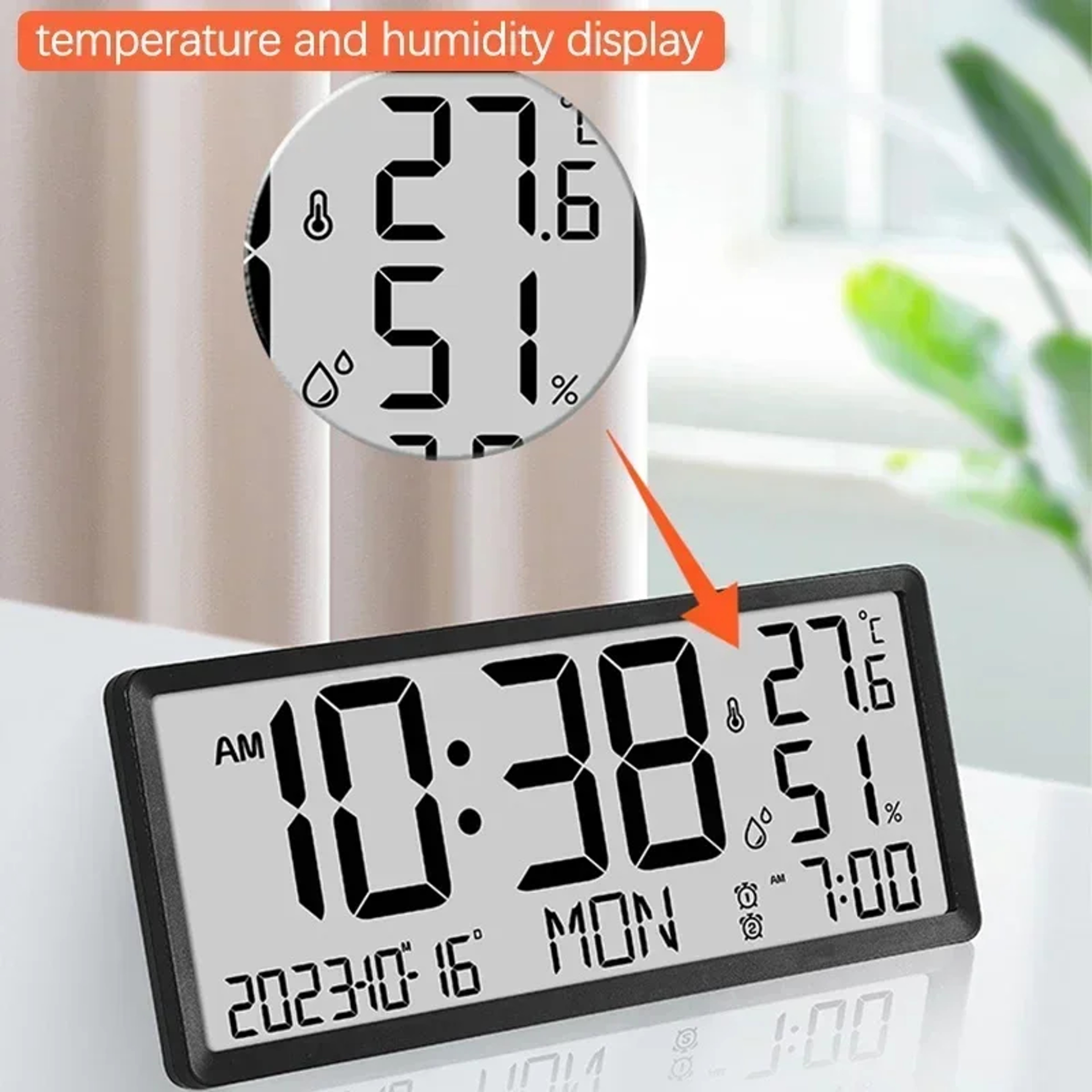 Large Digital Wall Clock with Temperature & Humidity Display Battery Powered LCD Calendar Clock – view 4