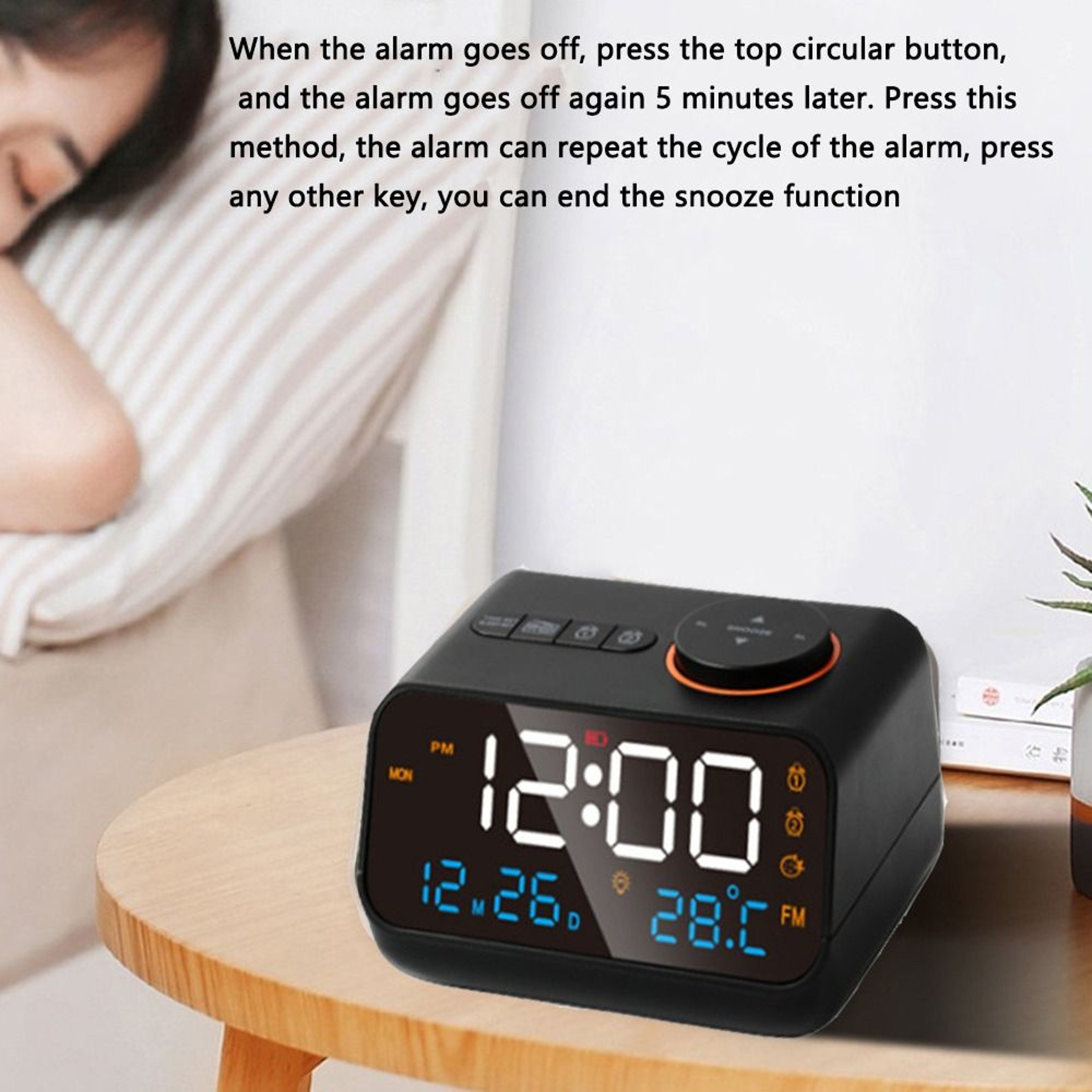 Digital Alarm Clock with FM Radio, USB Charging, LED Bedside Clock, Thermometer & Calendar Display – view 1