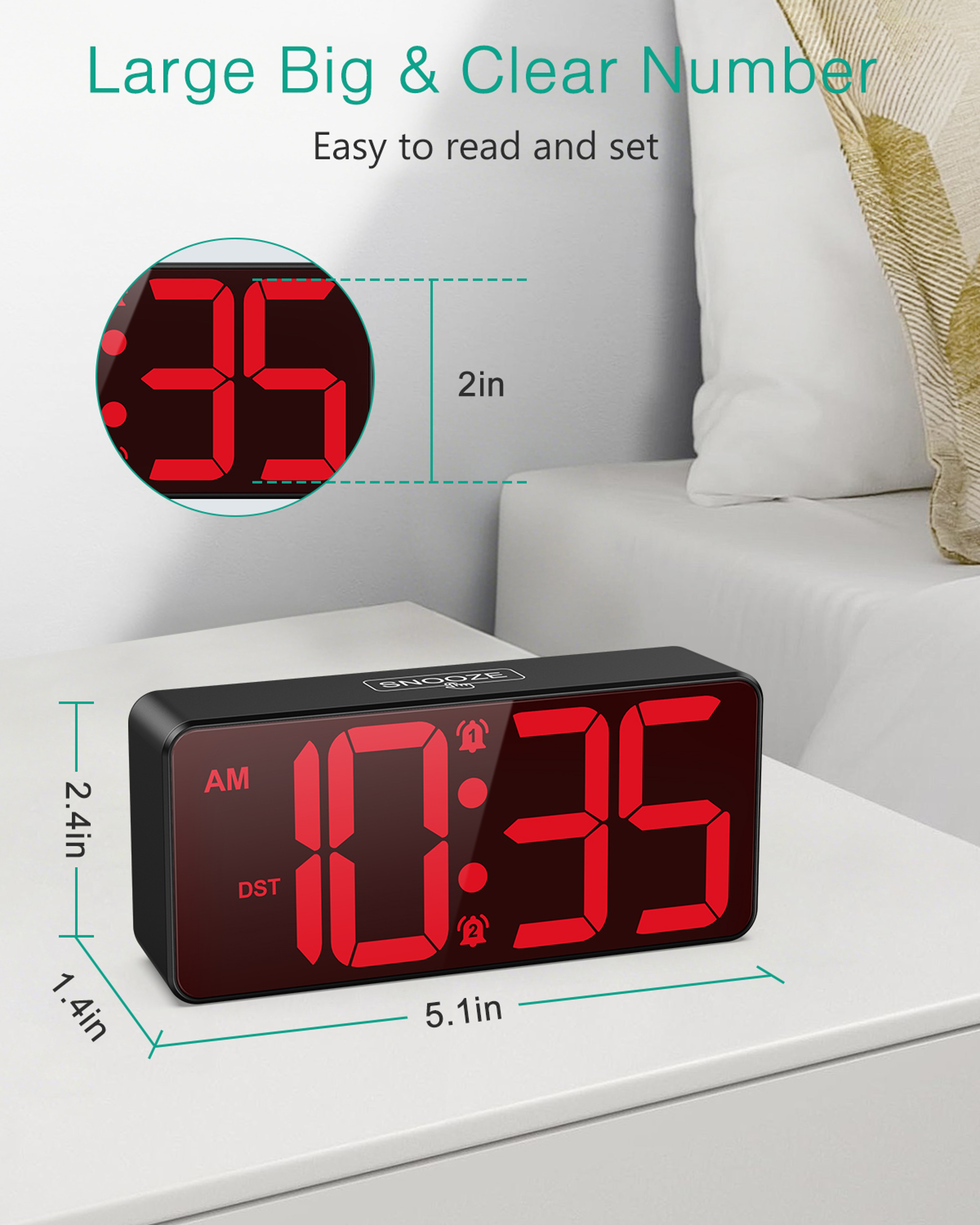 ORIA Digital Alarm Clock with Large LED Display, Dual Alarm Clock, Battery Powered for Bedroom & Office – view 6