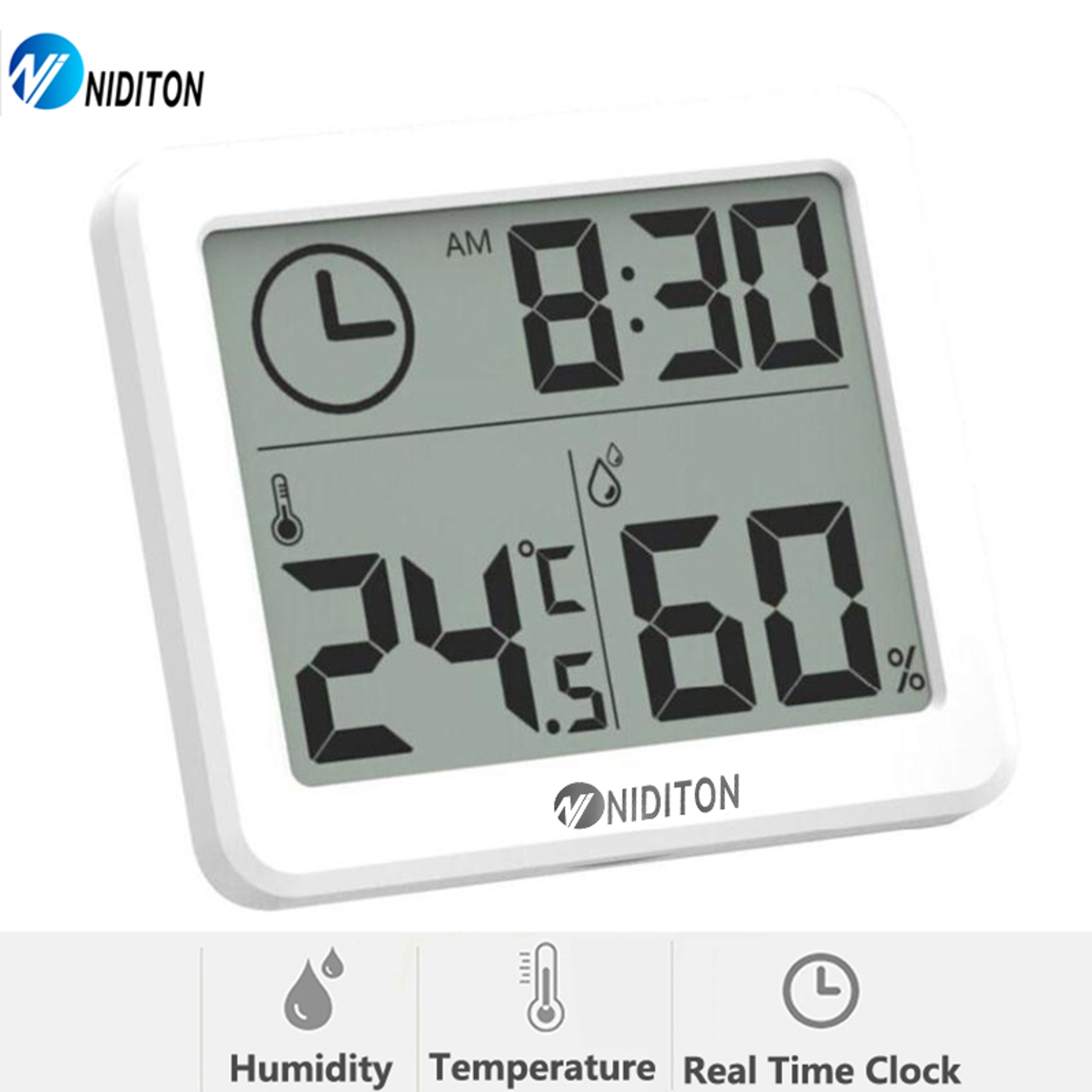 NIDITON Digital Wall Clock with Temperature & Humidity Display for Desk or Wall Mount – view 1