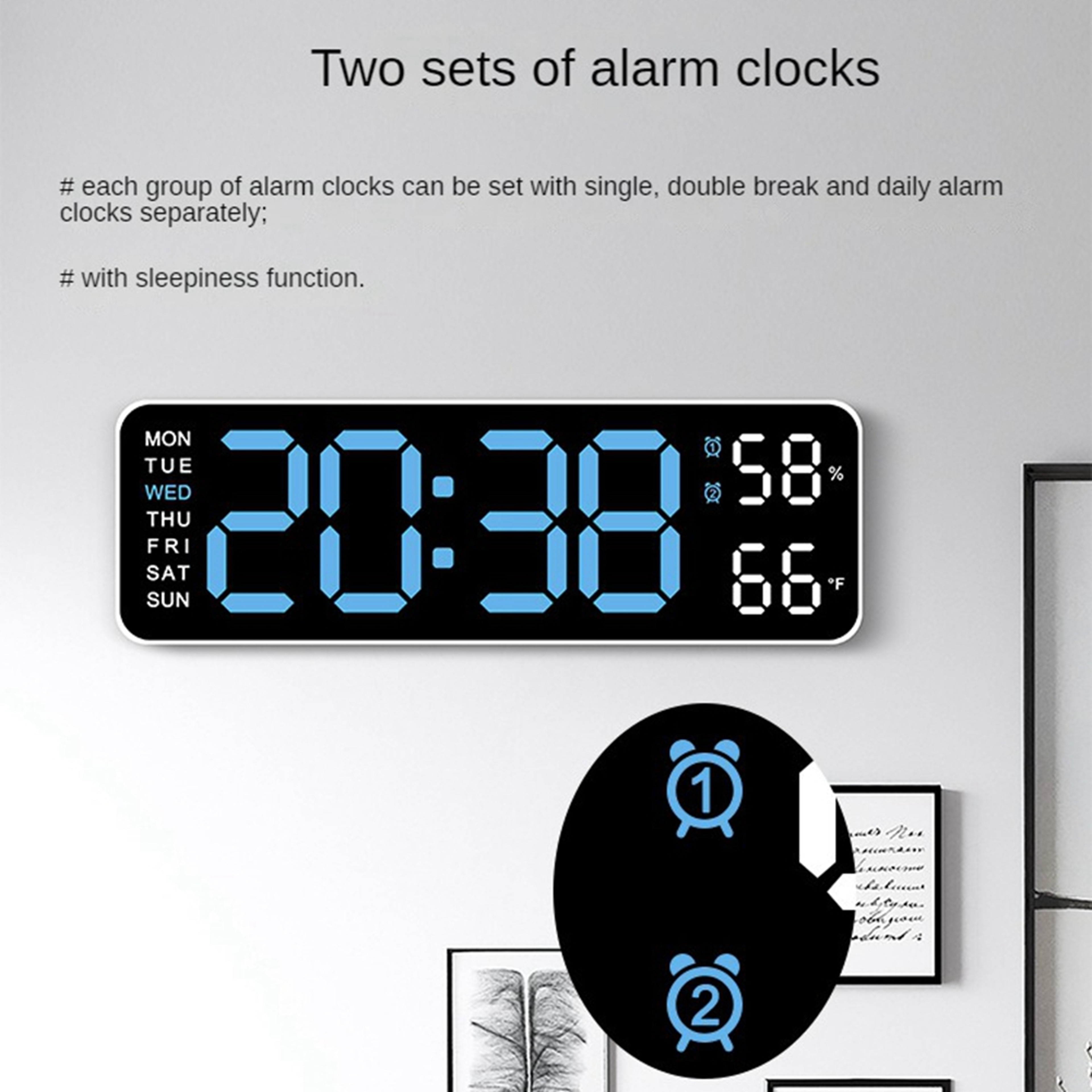 Large LED Digital Wall Clock With Temperature  Humidity Display Alarm Adjustable Brightness 2