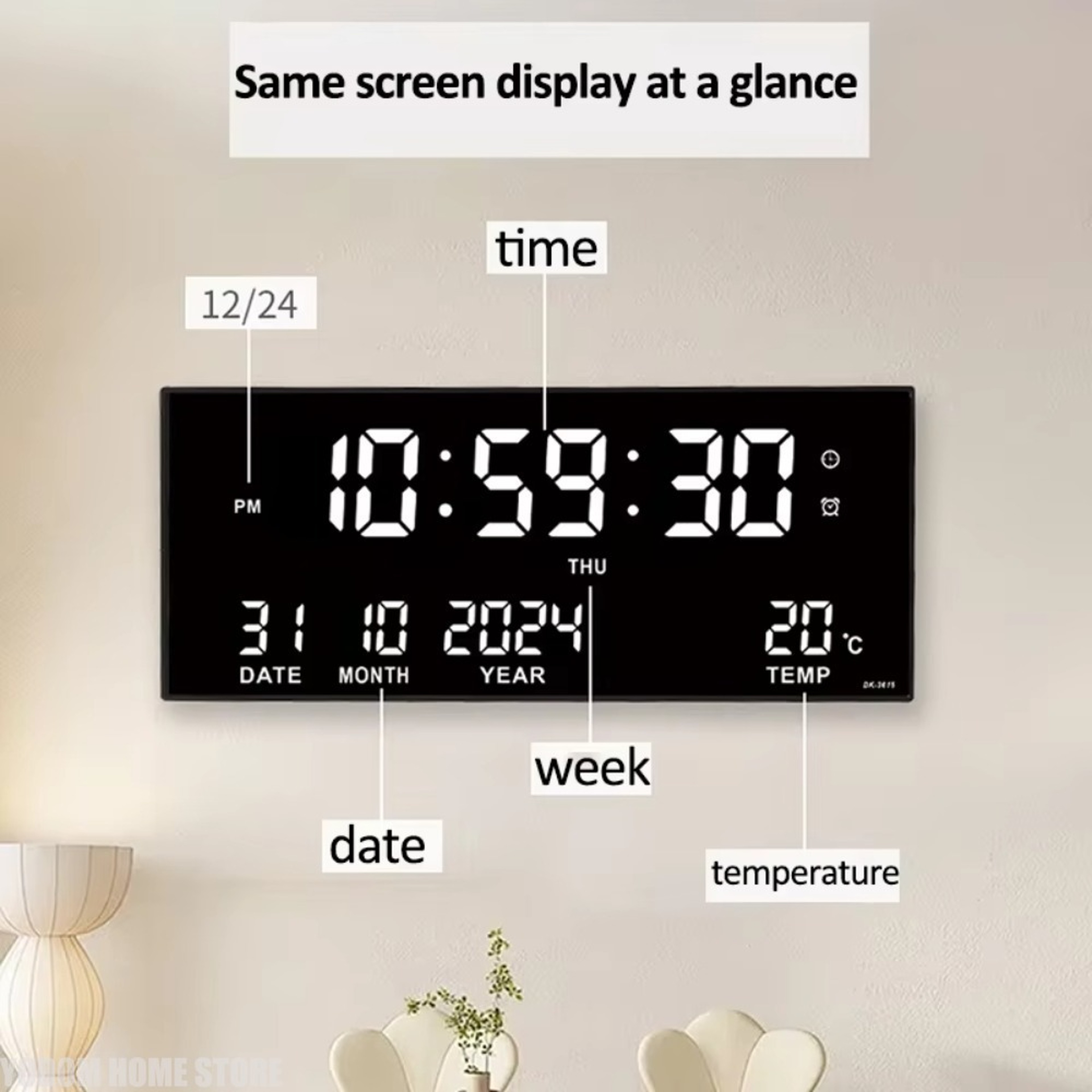 Digital Wall Clock with LED Display, Alarms, Temperature & Calendar – view 2
