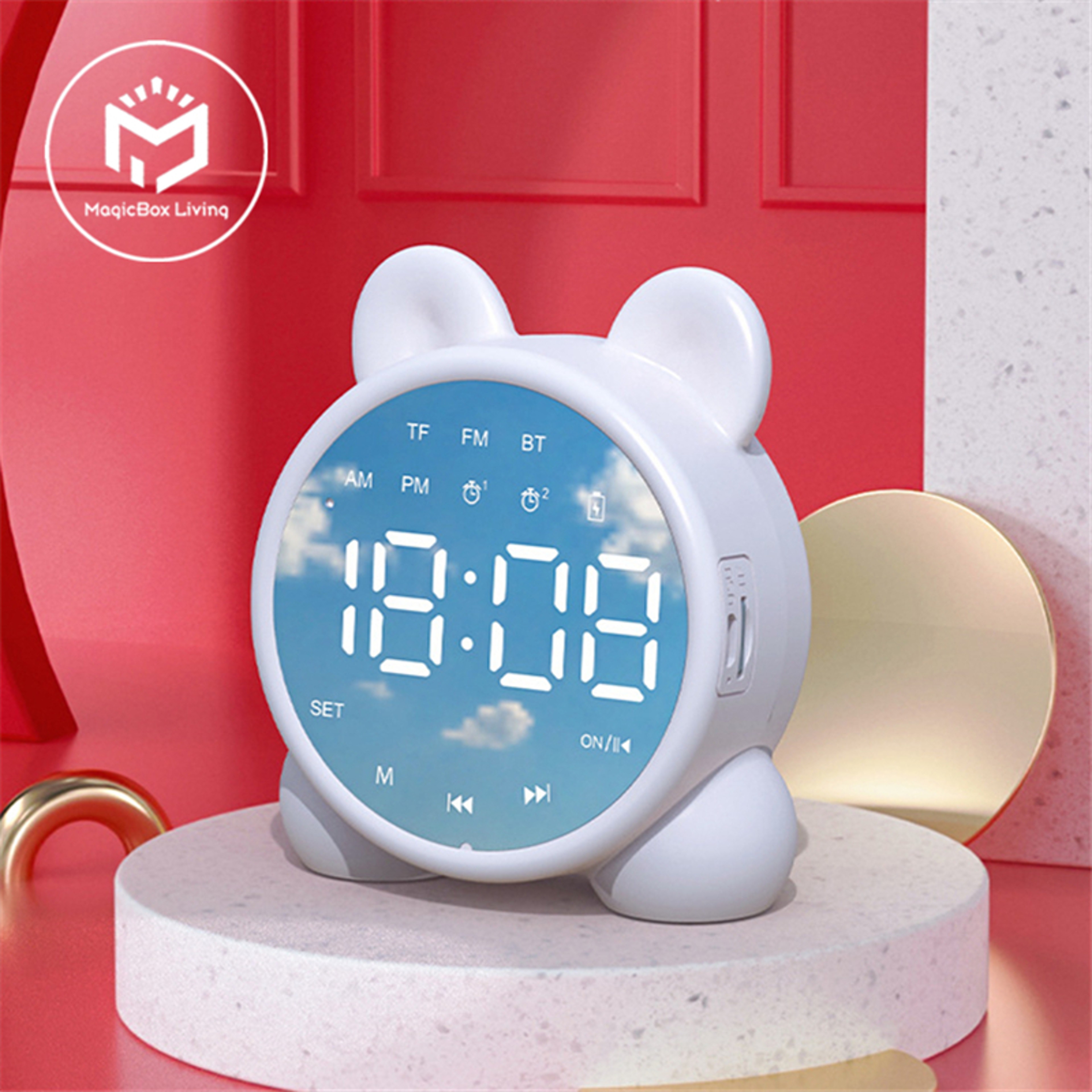 Cute Cat Bluetooth Alarm Clock with Mirror LED Display for Kids Bedroom & Bedside – view 1