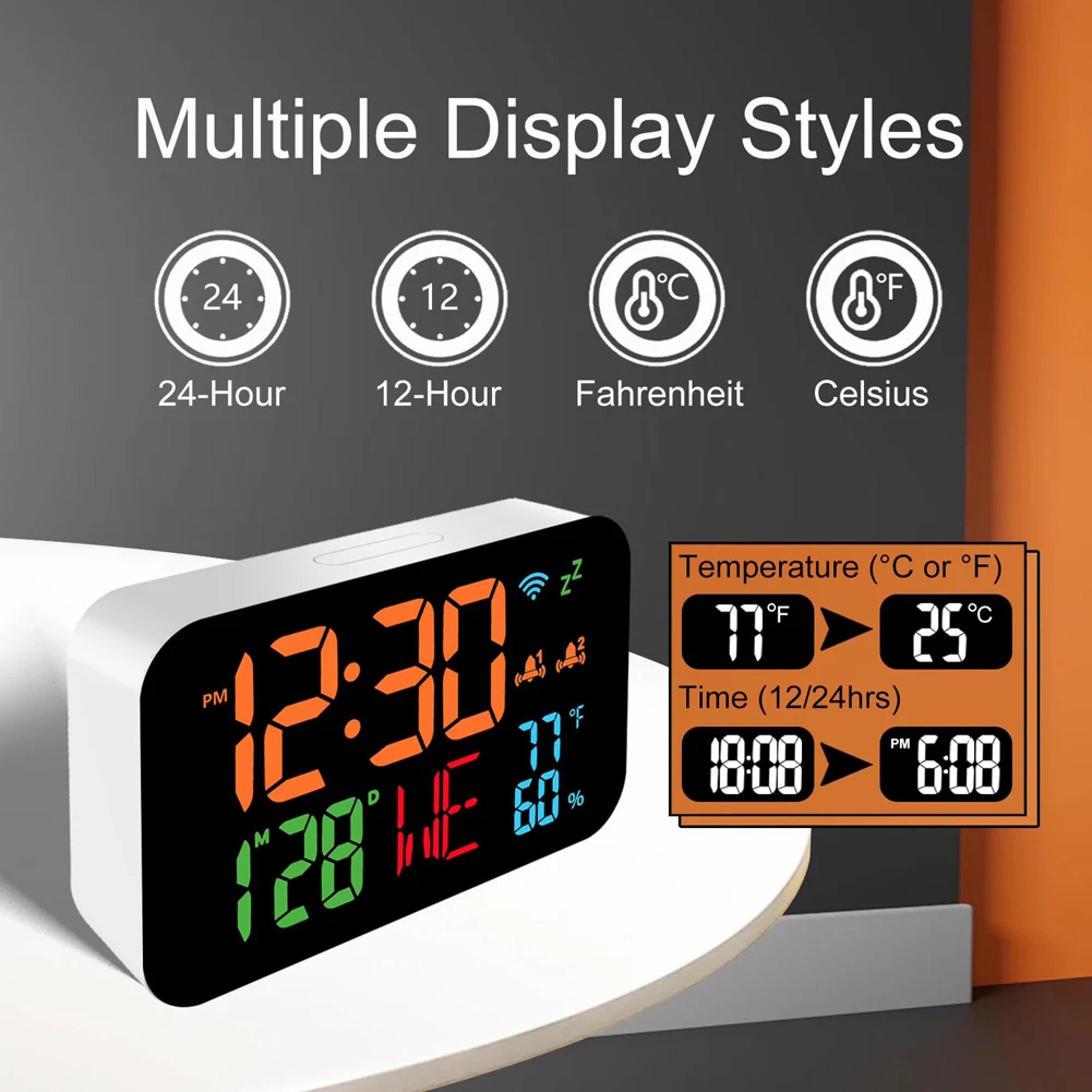 Tuya WiFi Digital Clock with Smart Thermometer Hygrometer & LED Calendar Display – view 2