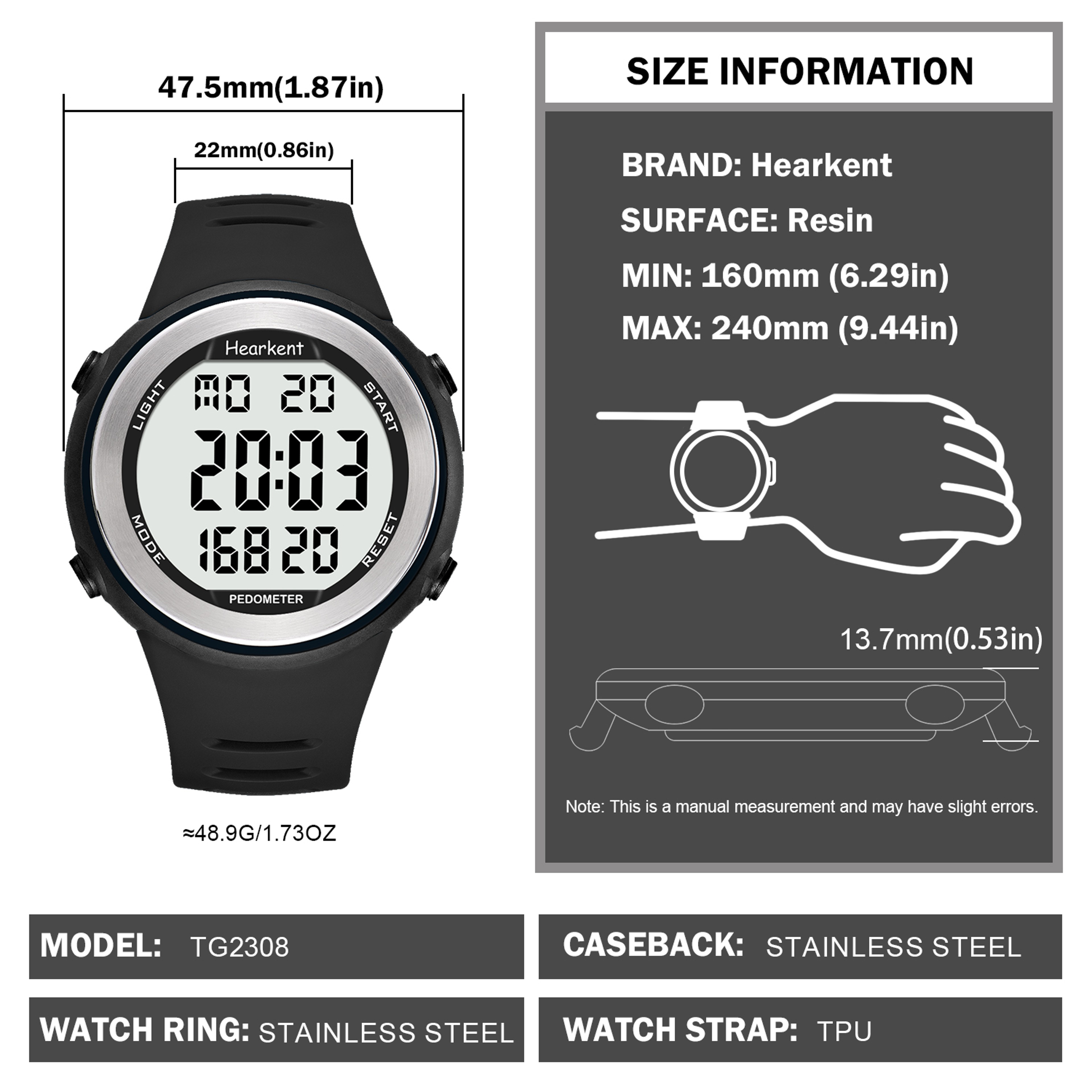Hearkent Pedometer Watch Waterproof Step Counter Watch with Calorie Tracker & EL Backlight – view 6