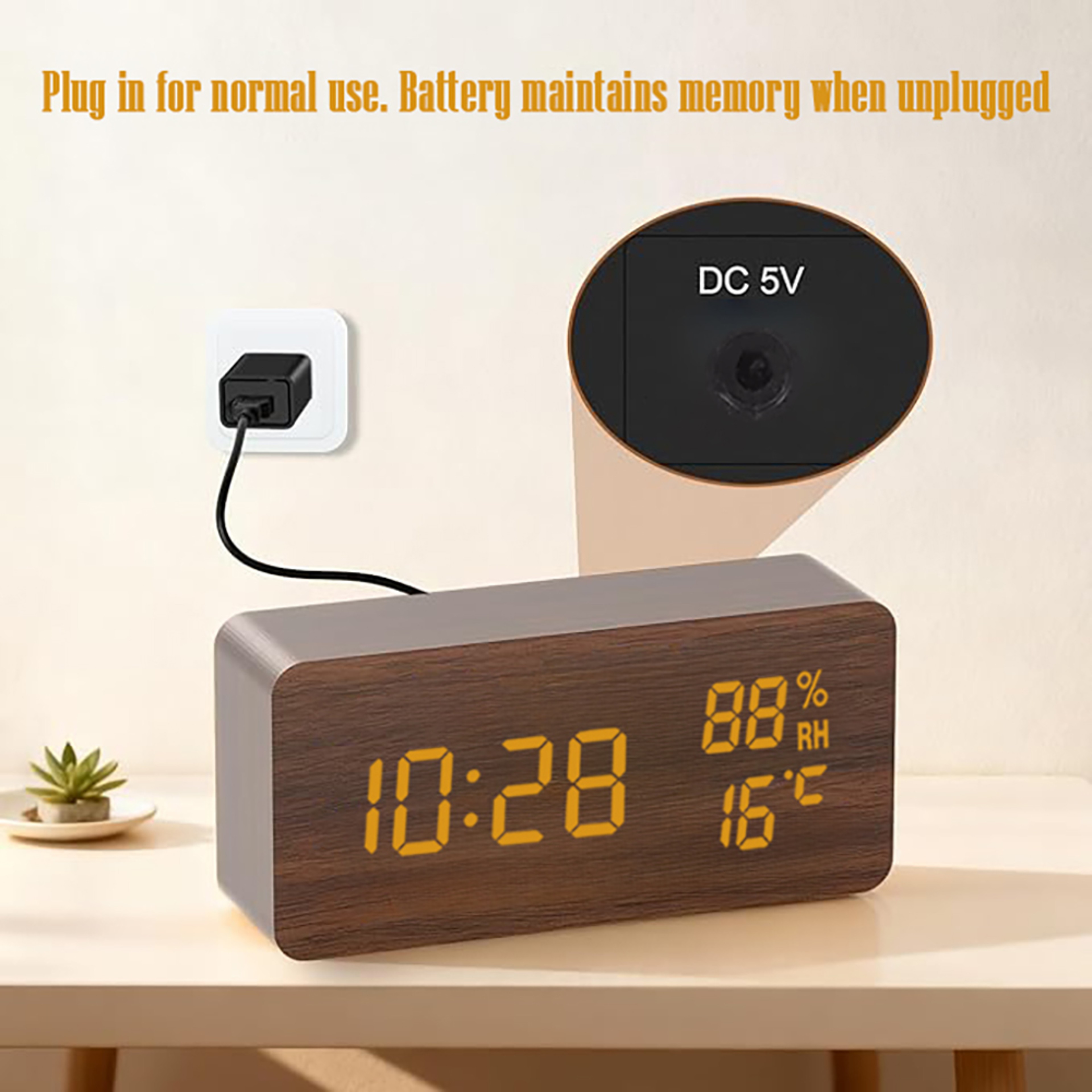 Wooden Digital Alarm Clock with LED Display, Temperature Humidity Monitor & Bedside Desk Design – view 2