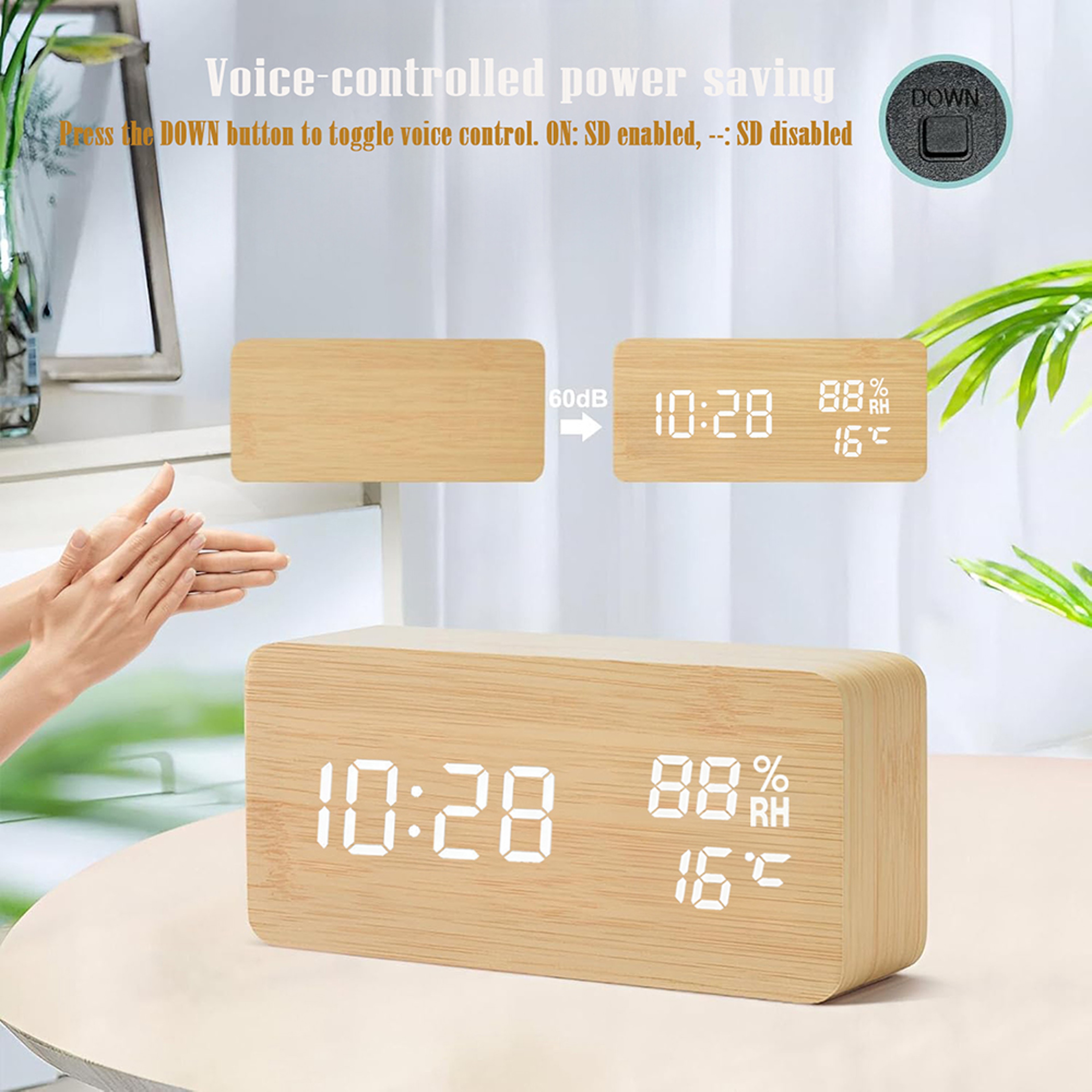 Wooden Digital Alarm Clock with LED Display, Temperature Humidity Monitor & Bedside Desk Design – view 4