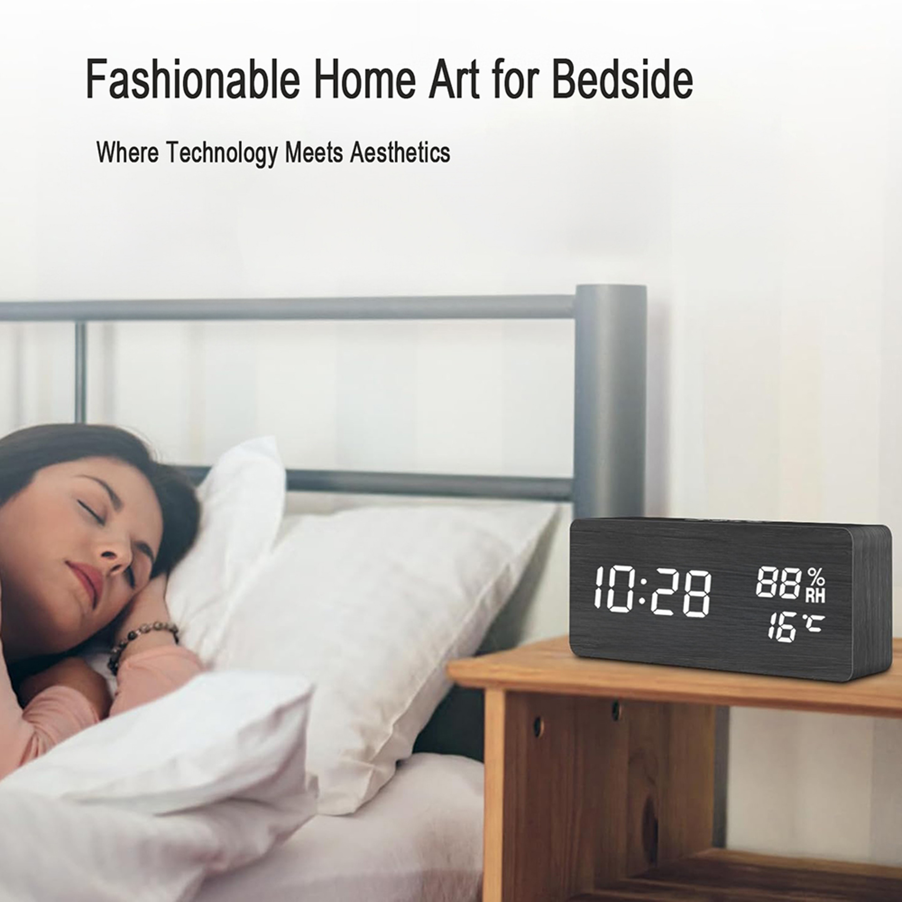 Wooden Digital Alarm Clock with LED Display, Temperature Humidity Monitor & Bedside Desk Design – view 6