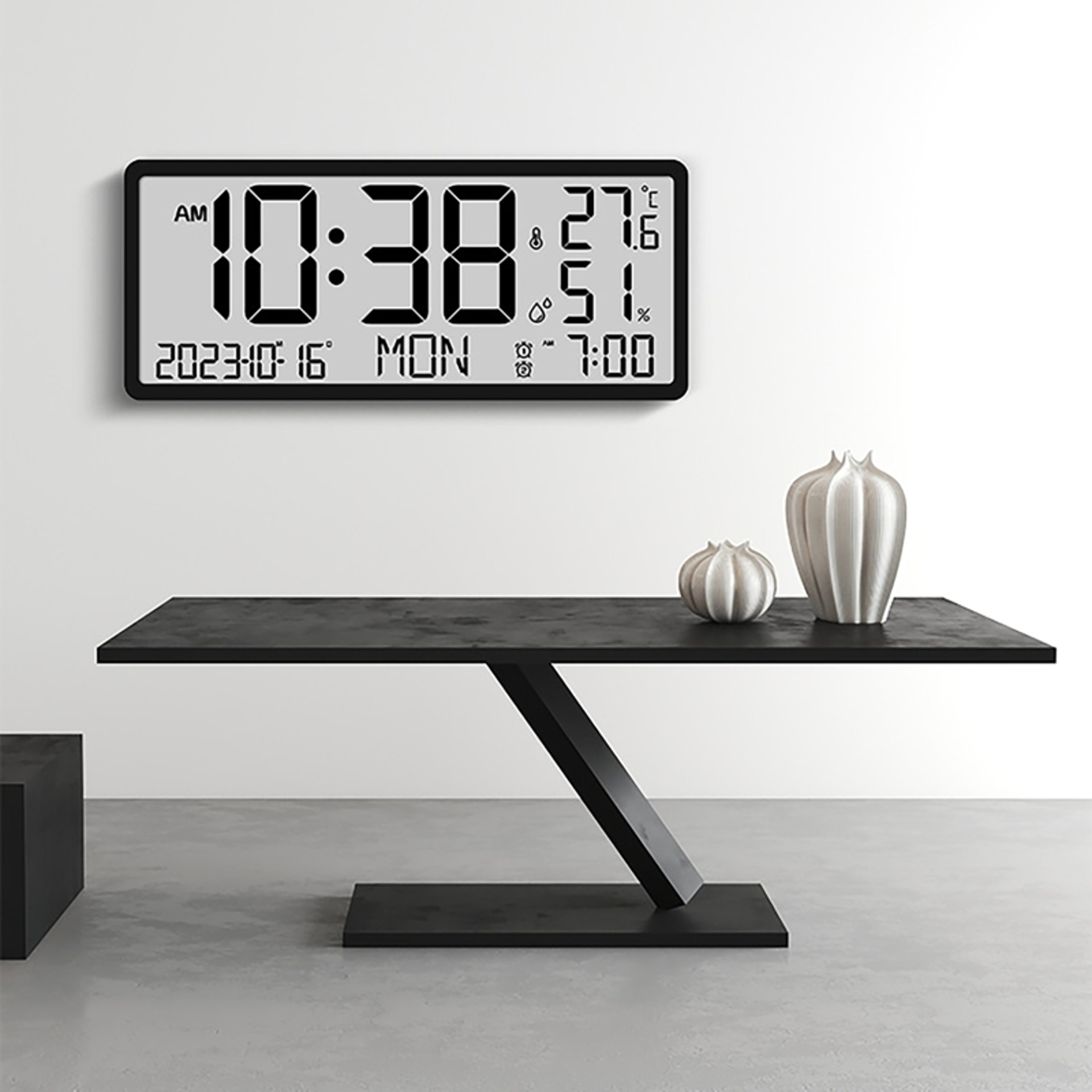Large Display Digital Wall Clock with LCD Screen, Temperature, Humidity & Alarm – view 2