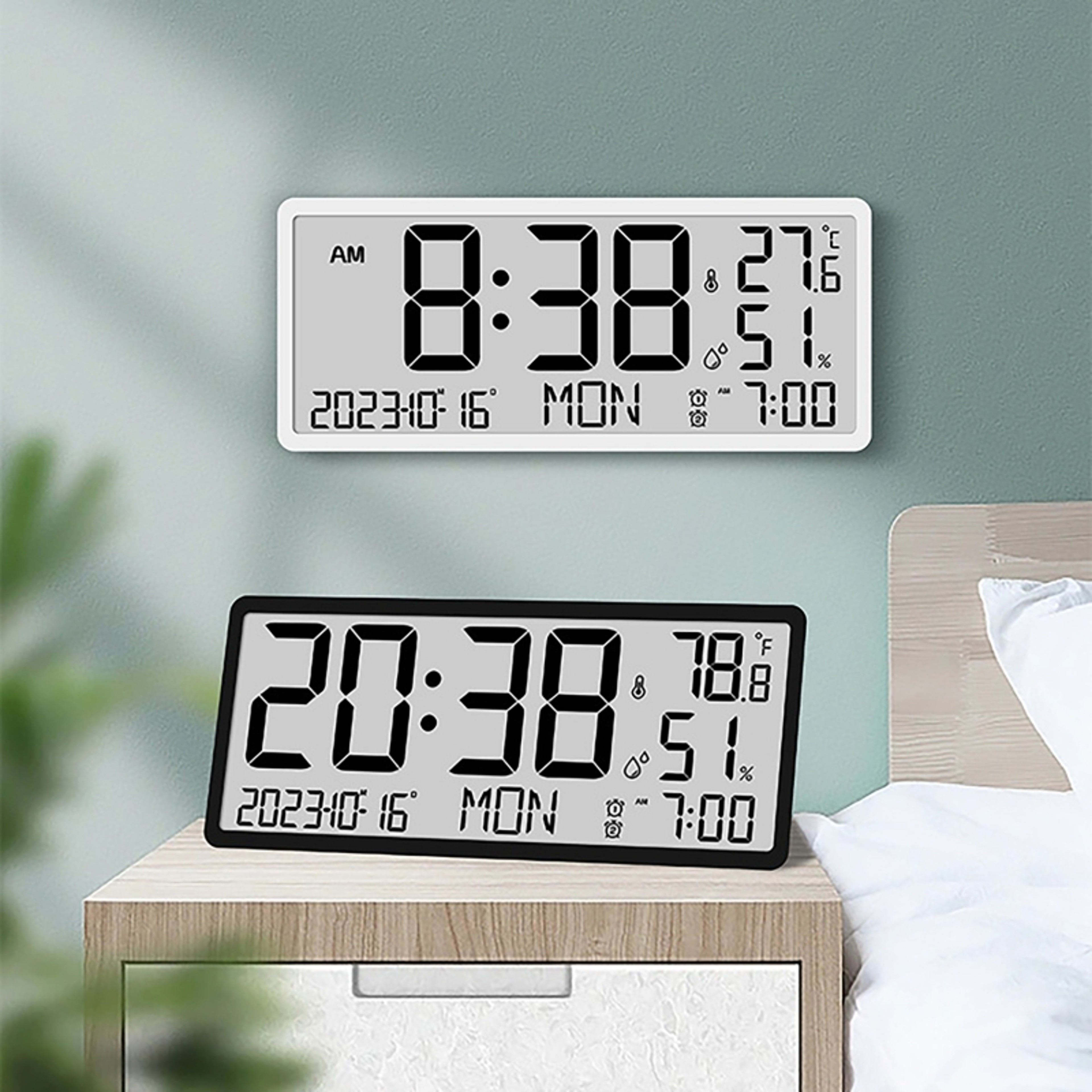 Large Display Digital Wall Clock with LCD Screen, Temperature, Humidity & Alarm – view 4