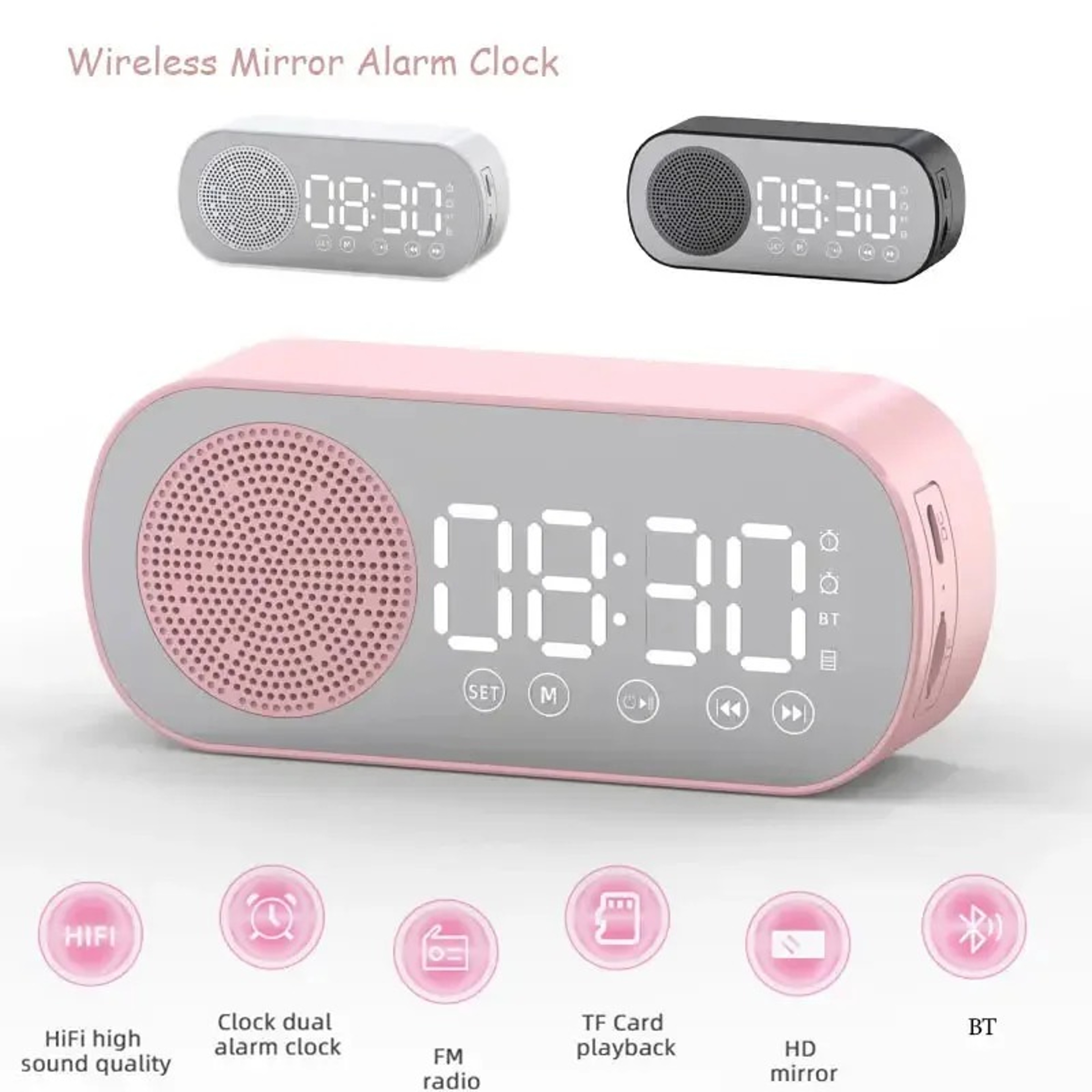 Bluetooth Alarm Clock Speaker with LED Mirror Display FM Radio & Dual Alarm – view 1